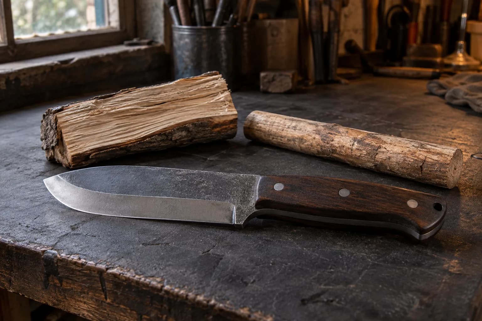 Broad-bladed camp knife with dark wood handle on a charcoal bench beside a split log section and a wooden baton.