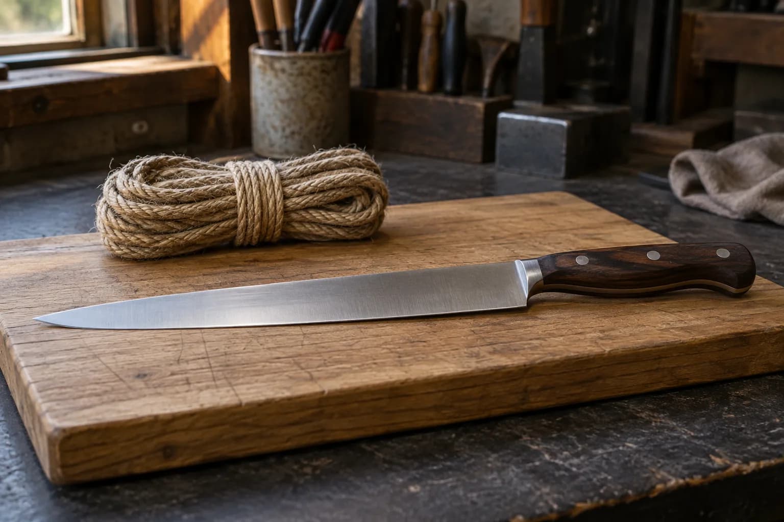 Long thin slicing knife with dark wood handle on a wooden board beside a coiled, cord-tied natural-fiber rope bundle.