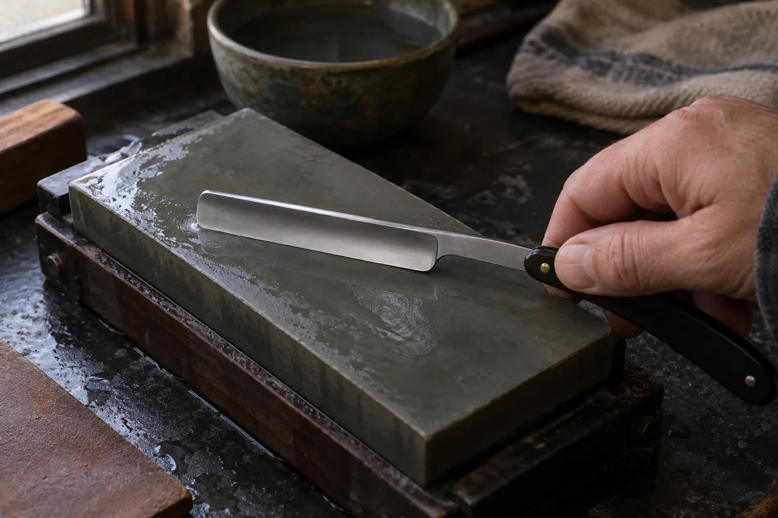 Open straight razor lying face-up on a wet slate stone in a wooden holder, a hand holding its dark scales