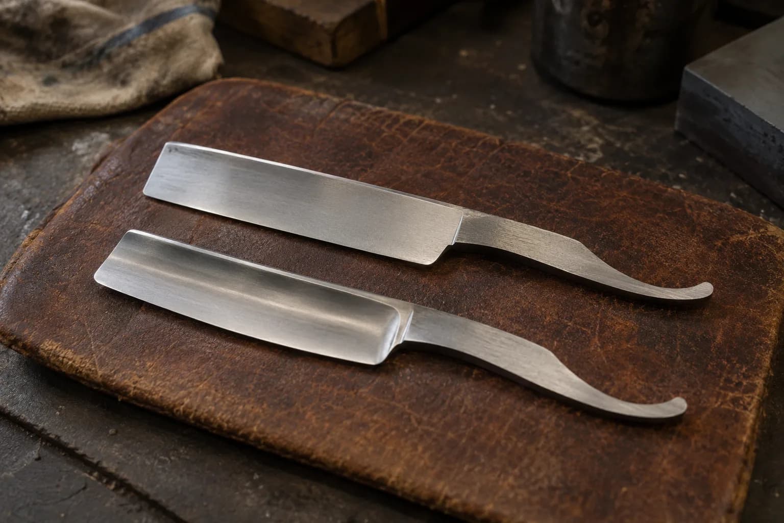 Near-wedge razor blank beside a hollow-ground blank with a concave face and thick spine, lying on a worn leather pad.