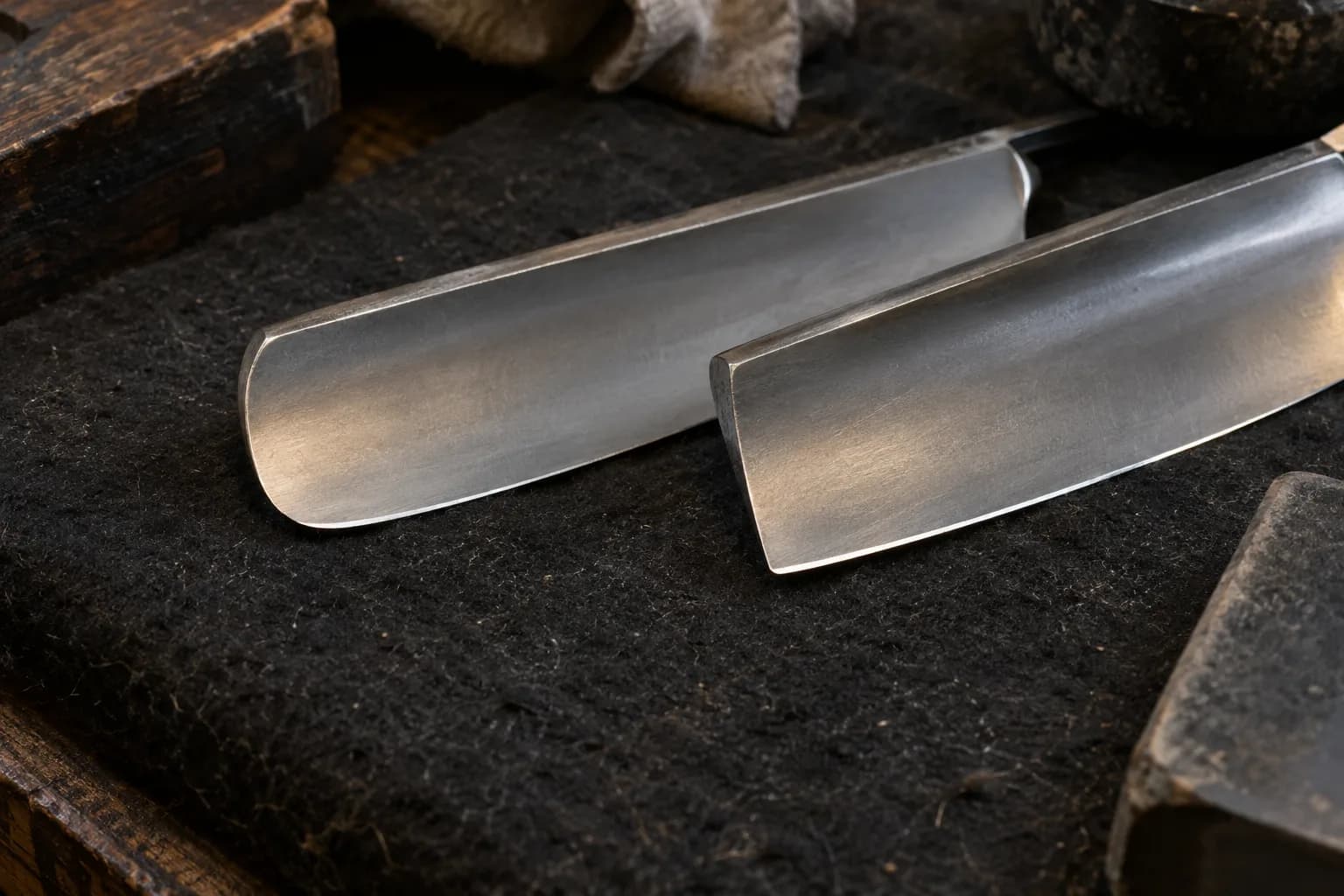 Round-point and square-point razor toes side by side on a black felt pad, showing thick spines and thin edges.