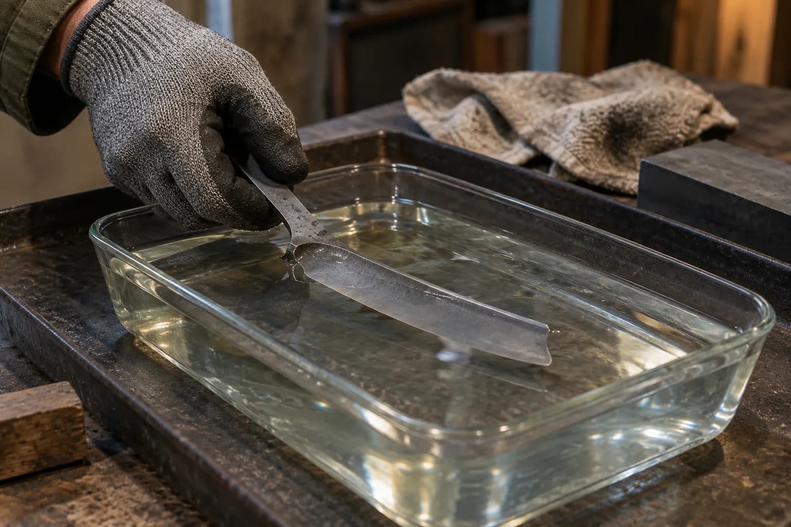 Gloved hand holding a razor blank by its shank, the blade fully under water in a glass dish on a workshop tray.
