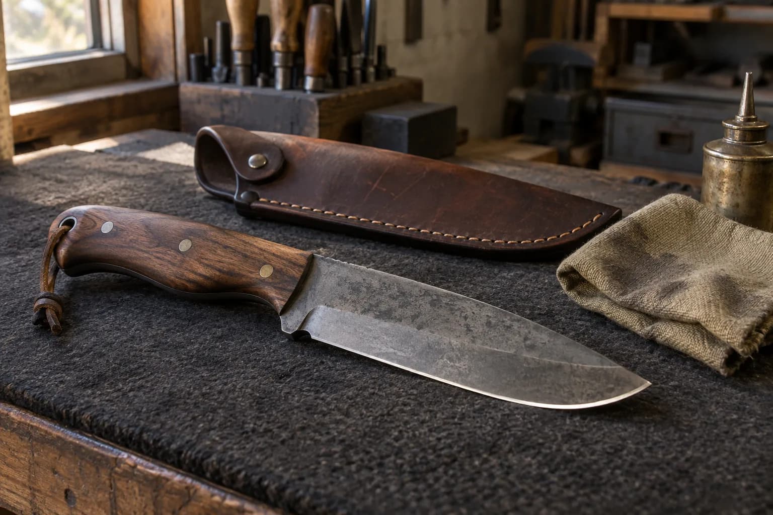 Drop-point knife with mottled gray patina and bright edge on a padded bench beside a leather sheath, oil cloth and oil can