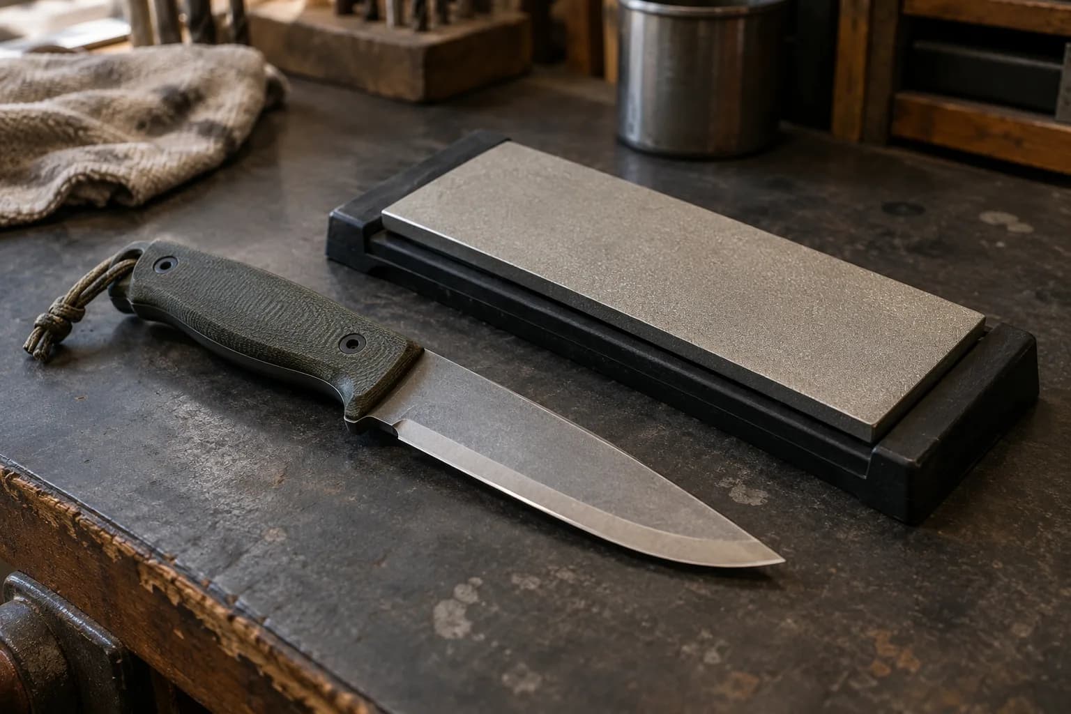 Stonewashed drop-point knife with green handle lying beside a plain diamond sharpening plate in a black holder