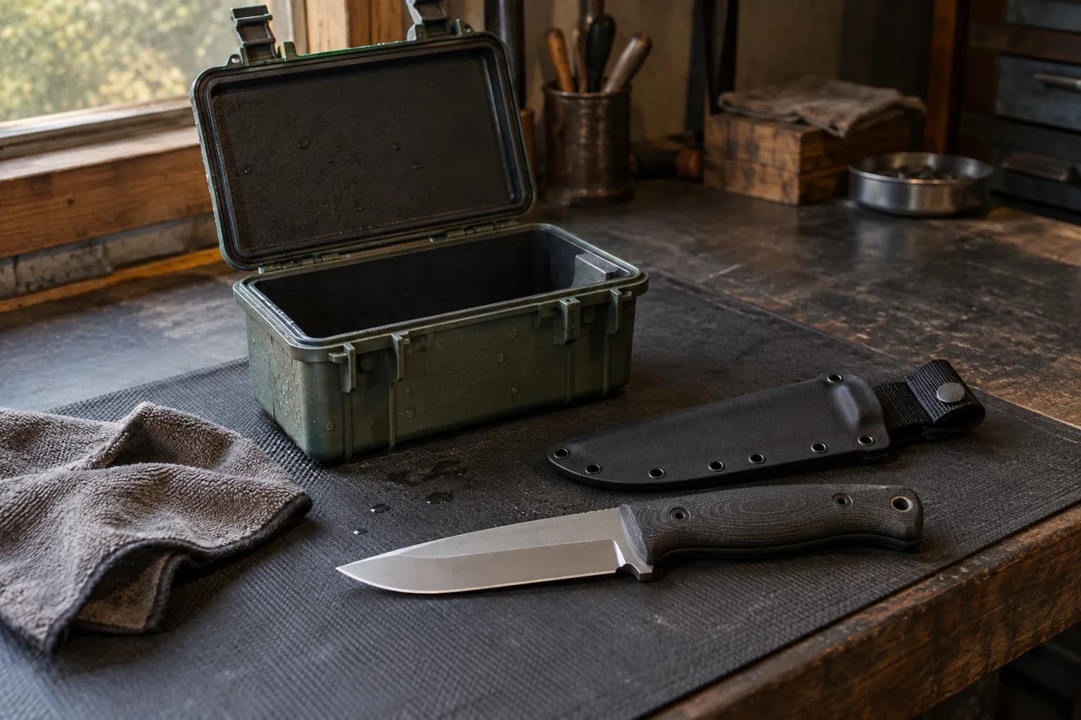 Open green waterproof box with water droplets on a black mat beside a satin-finish knife, black sheath and gray cloth