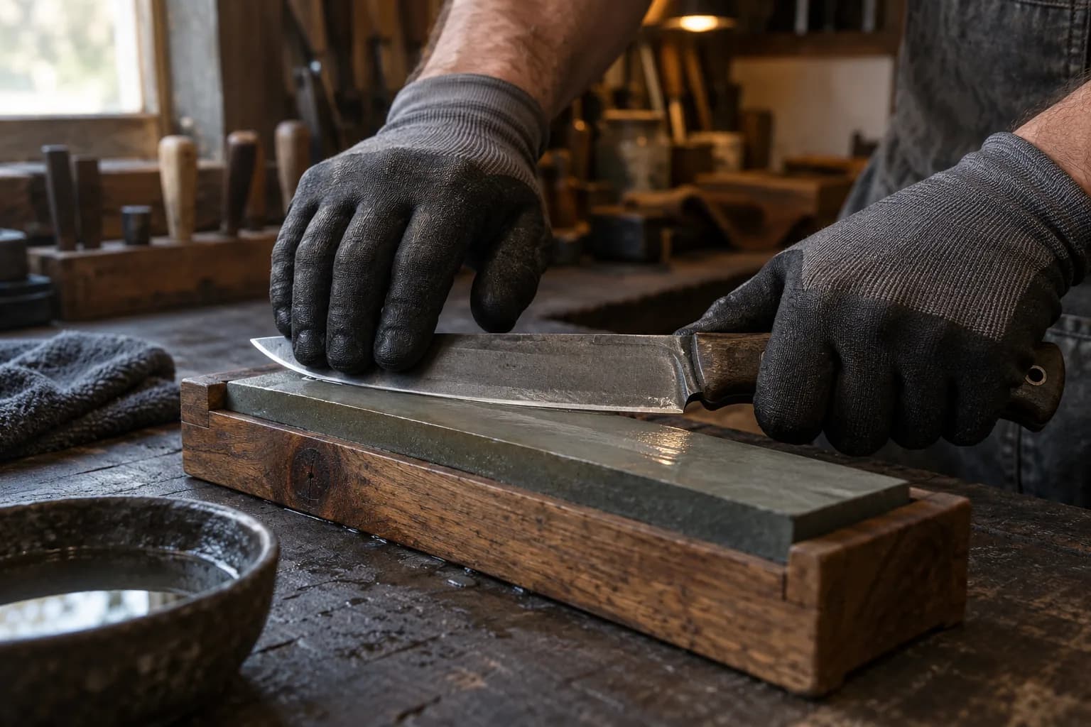 Gloved hands hone a plain survival knife on a flat fine gray stone in a wood cradle, with a water bowl and towel nearby.