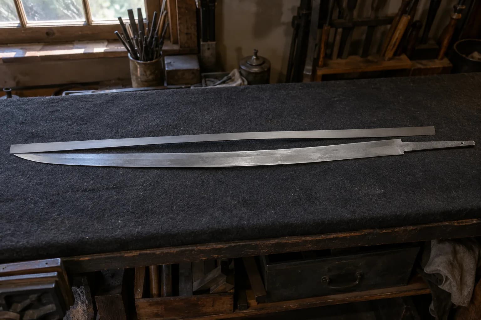 Long unhandled sword blank with a smooth lateral curve lying beside a plain straight steel bar, the gap between them varying along its length.