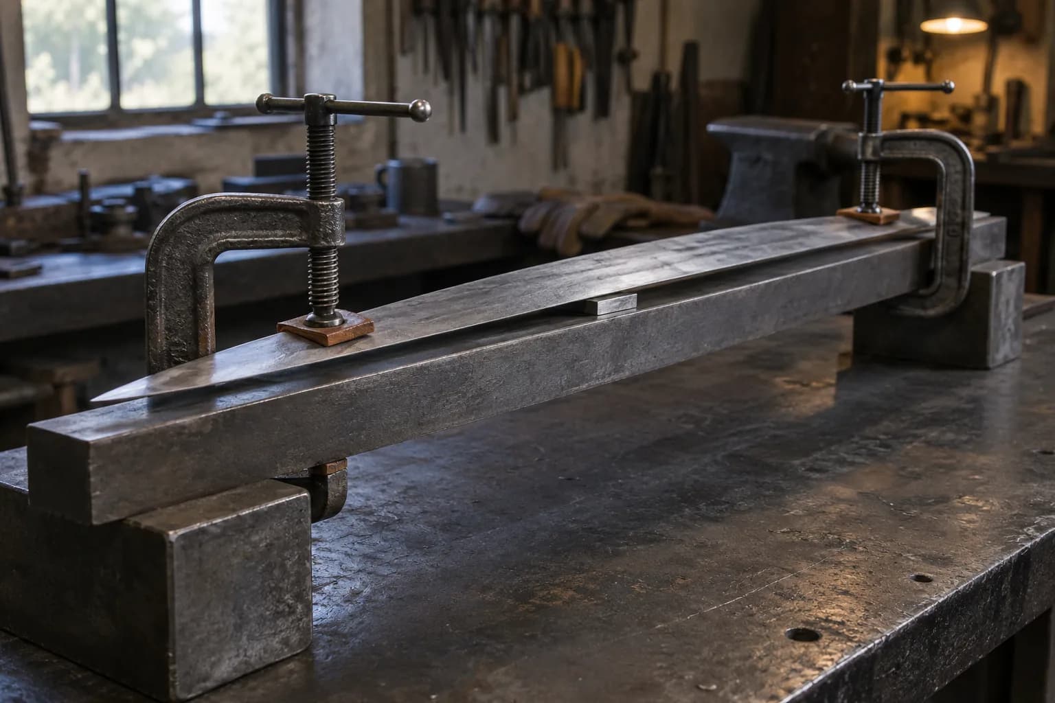 Cold long blade laid on a heavy straight steel bar with a small shim at the middle and two C-clamps with copper pads at the ends.