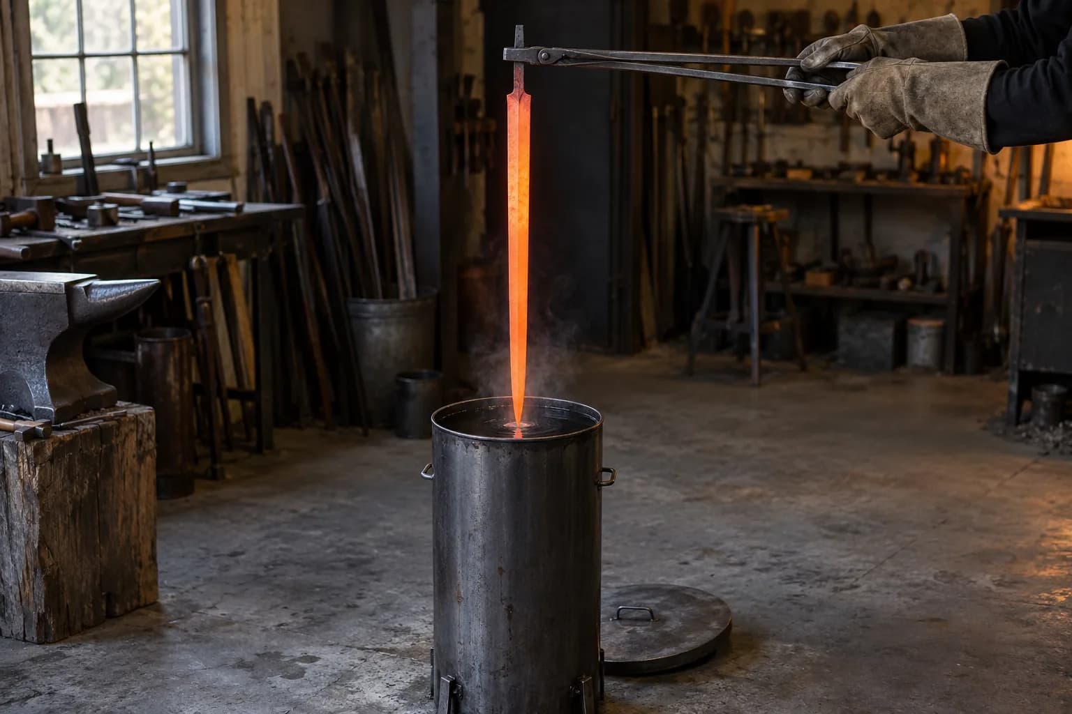 Orange-hot long blade held in long tongs by its tang, tip just touching the oil in a tall steel quench tank