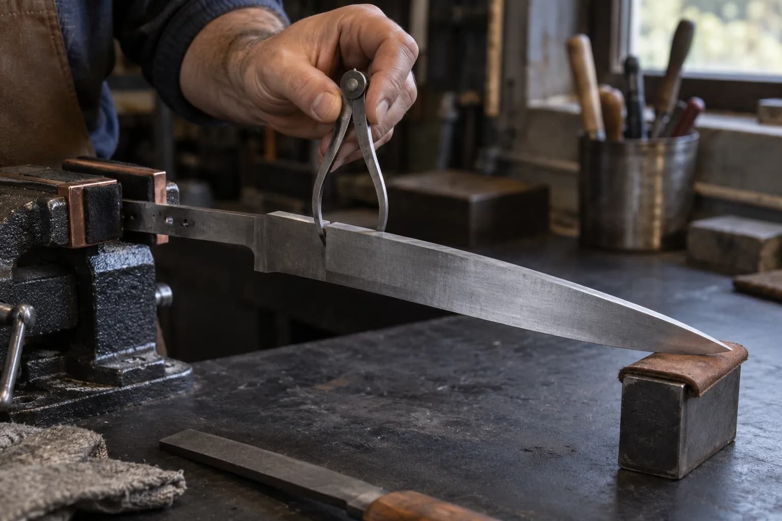 Hand holds outside calipers across a long blade blank at its shoulder, tang in a padded vise and tip on a leather-topped block.