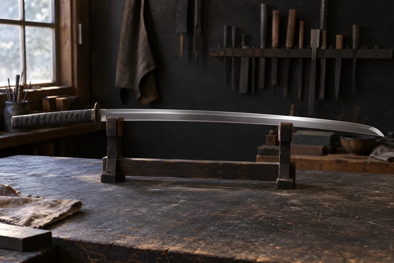 Moderately curved katana-form blade with a ridge line and wrapped grip resting on a worn wooden rack in a dark shop