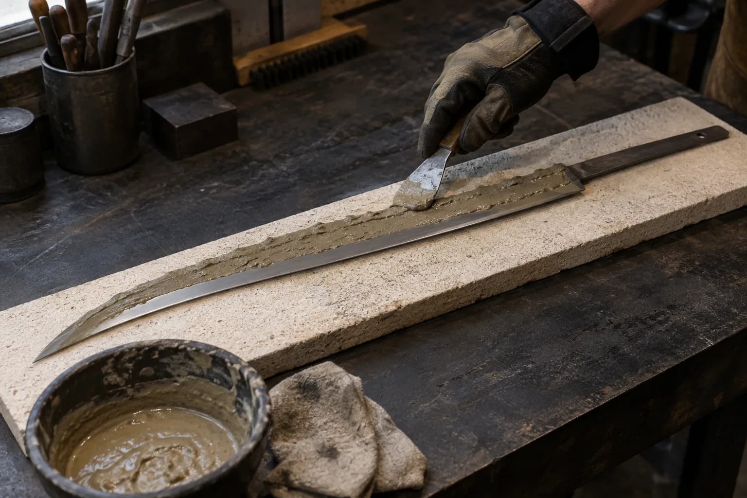 Gloved hand spreading clay slurry with a spatula along the spine of a curved blade on a refractory board