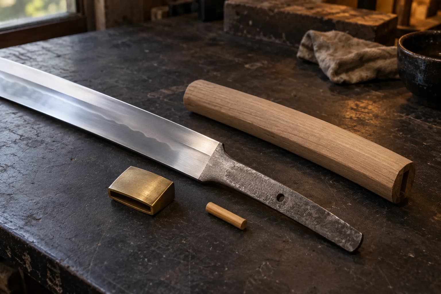 Blade base with forged tang and peg hole beside a brass collar, bamboo peg and bare wood grip core on a dark bench
