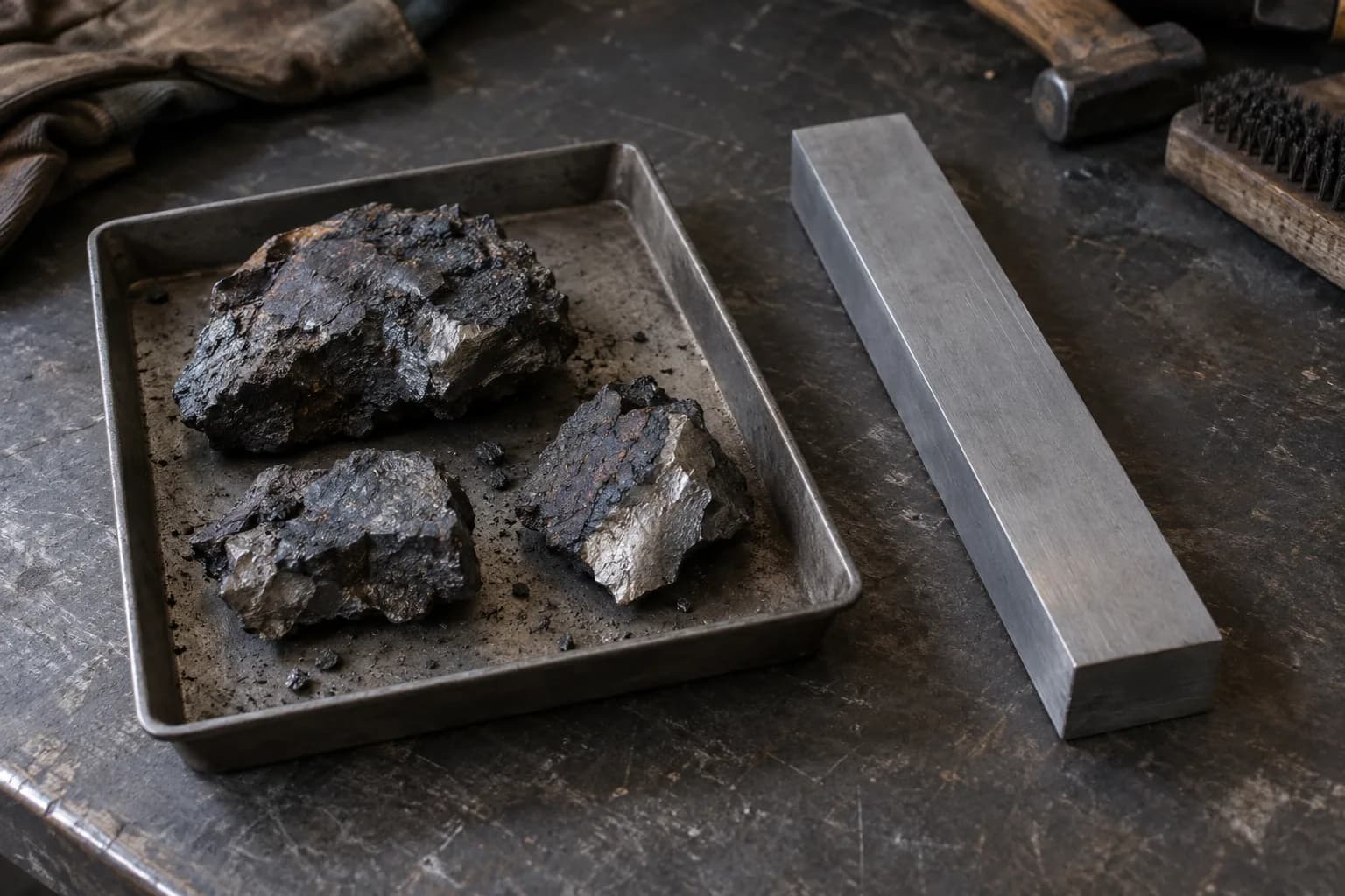 Three rough dark smelted steel chunks in a shallow tray beside a clean rectangular steel bar on a dark bench
