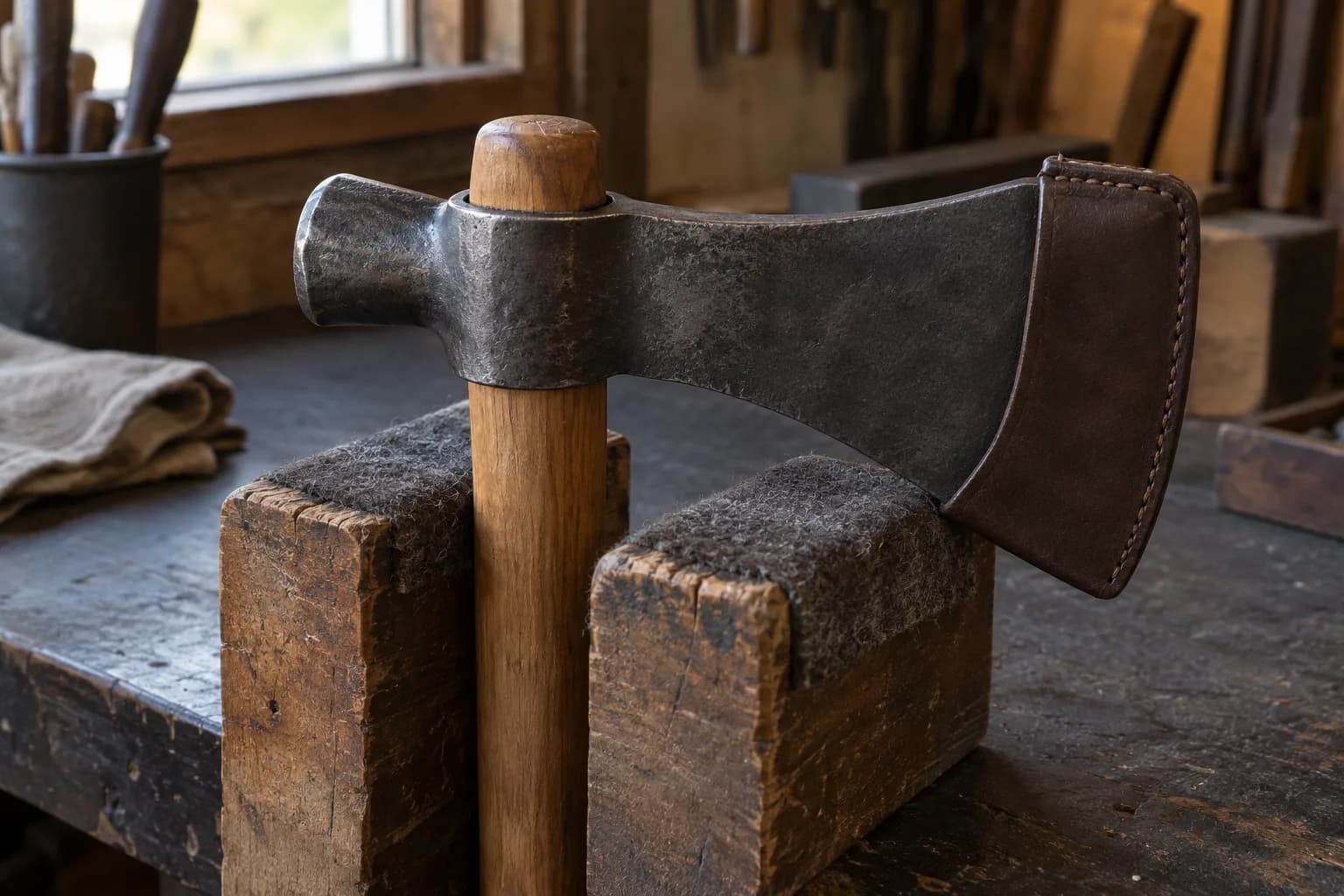Plain forged tomahawk head seated on a straight oak haft with the top end proud, held between padded blocks, blade under a leather cover.