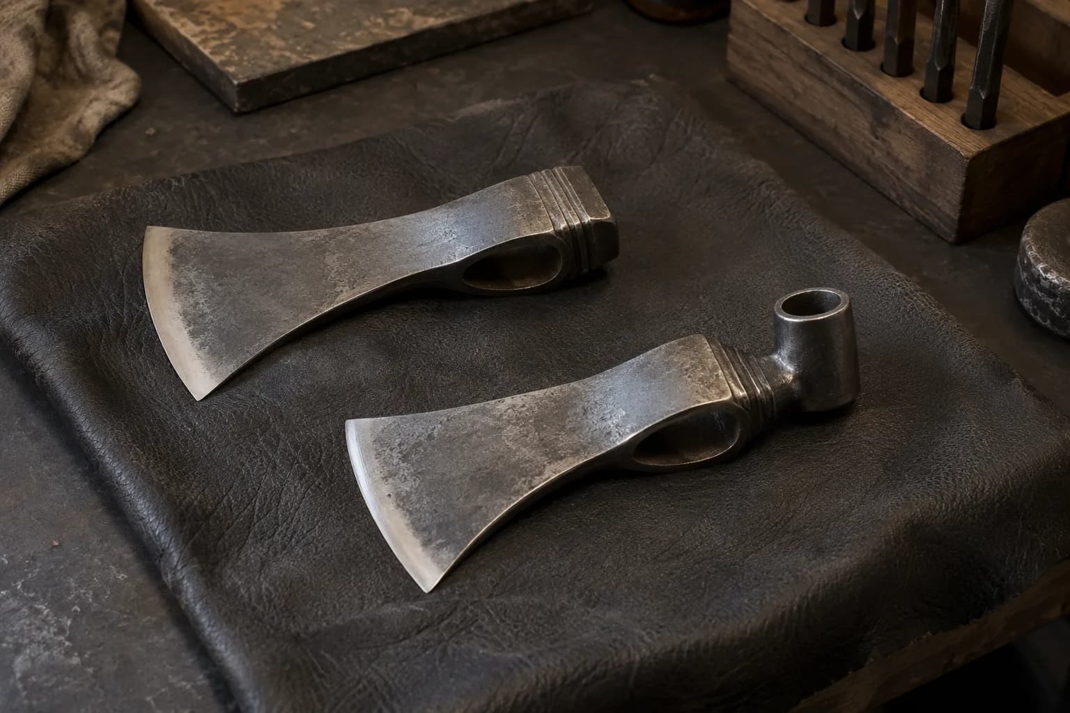 Two cold tomahawk heads on a dark leather pad: a plain trade head and a pipe head with a hollow bowl at the poll.