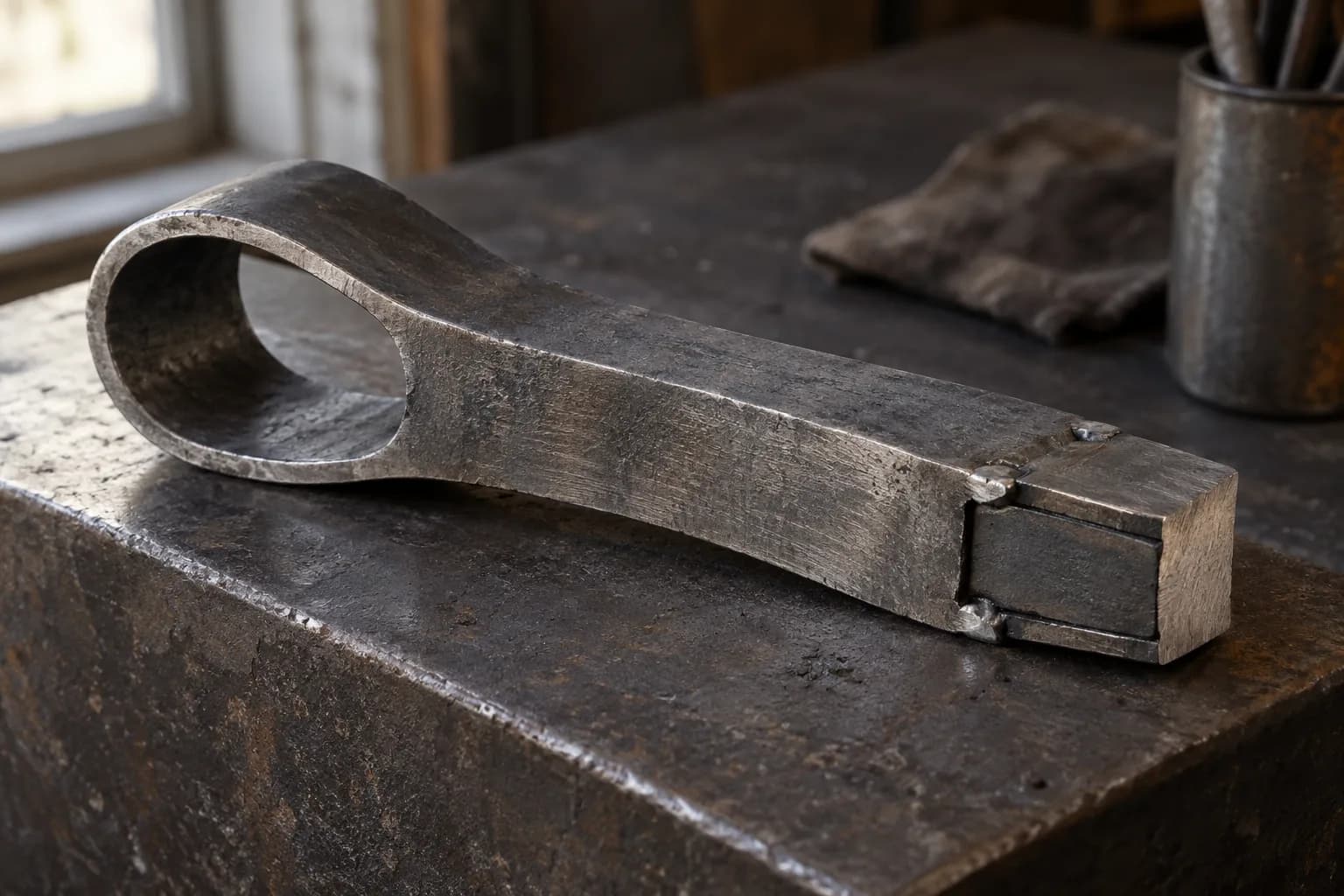 Cold folded steel tomahawk preform with an open eye loop and a bit insert tacked between the plates at the end.