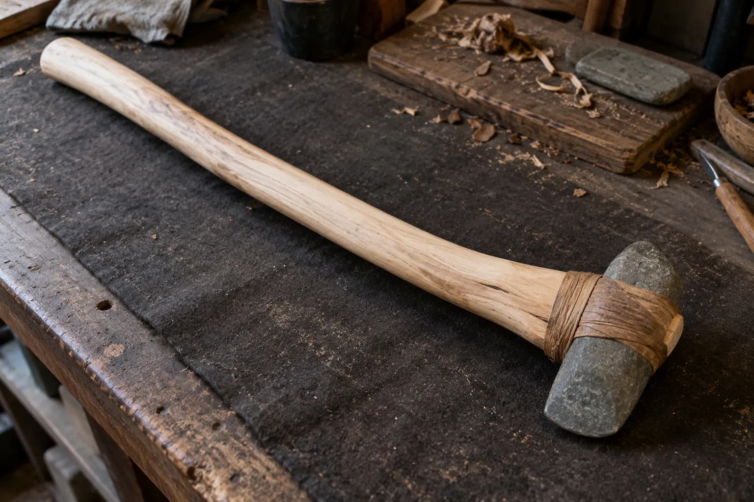 Pale hardwood haft with a rawhide-bound stone head lying on a dark felt-covered bench, wood shavings and a carving tool nearby.
