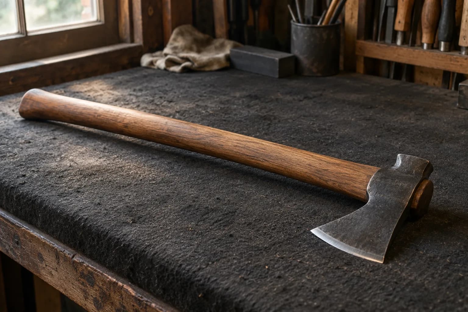 Throwing tomahawk lying on a dark bench pad, straight oak haft running to a narrow, flared head with a thin edge bevel.