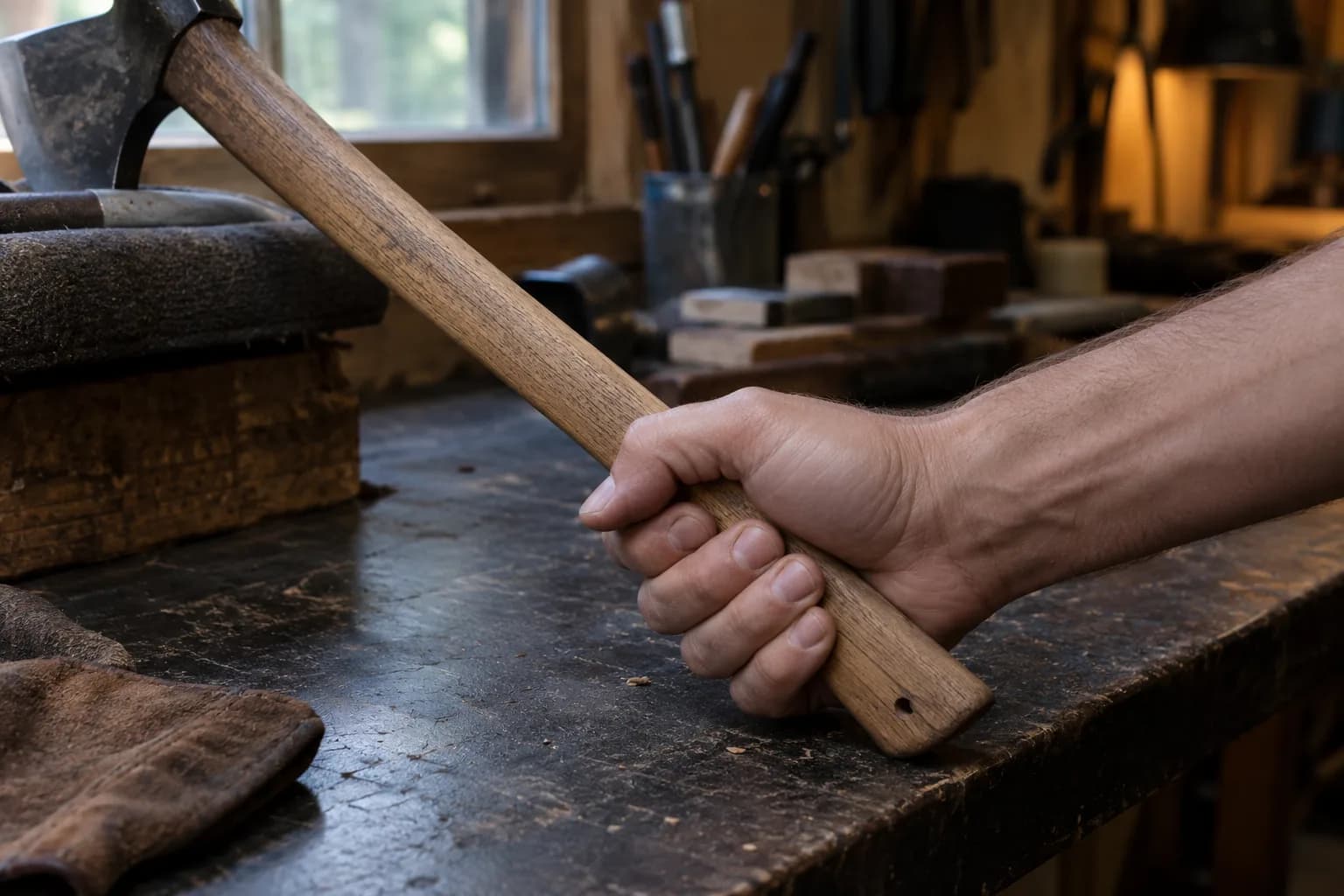 Bare hand gripping the lower end of a straight oak tomahawk haft on a worn workbench, the hawk head resting on a pad behind.