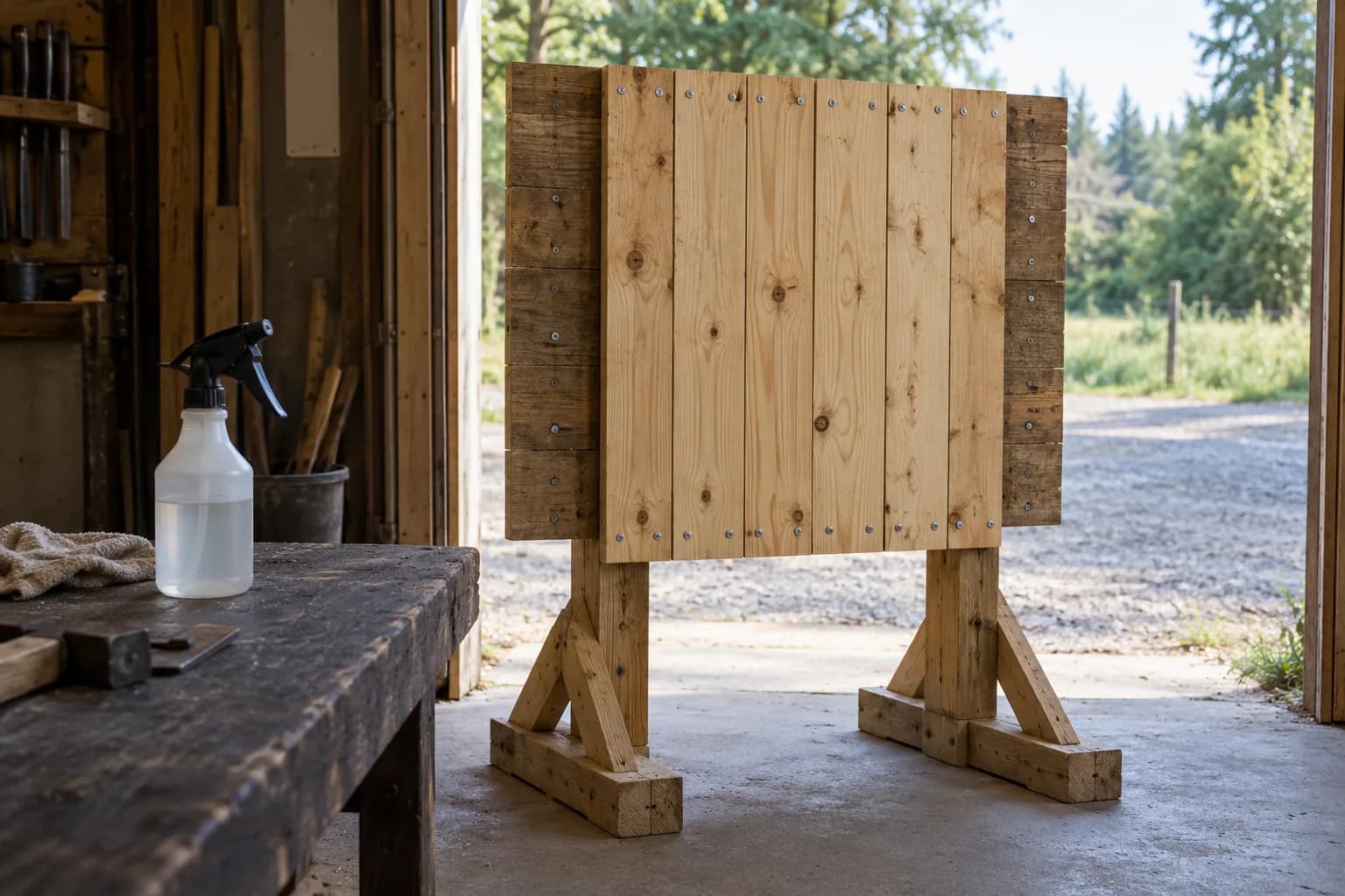 Vertical pine boards screwed to a wider backing on braced feet in a shop doorway, a spray bottle on the bench beside it.