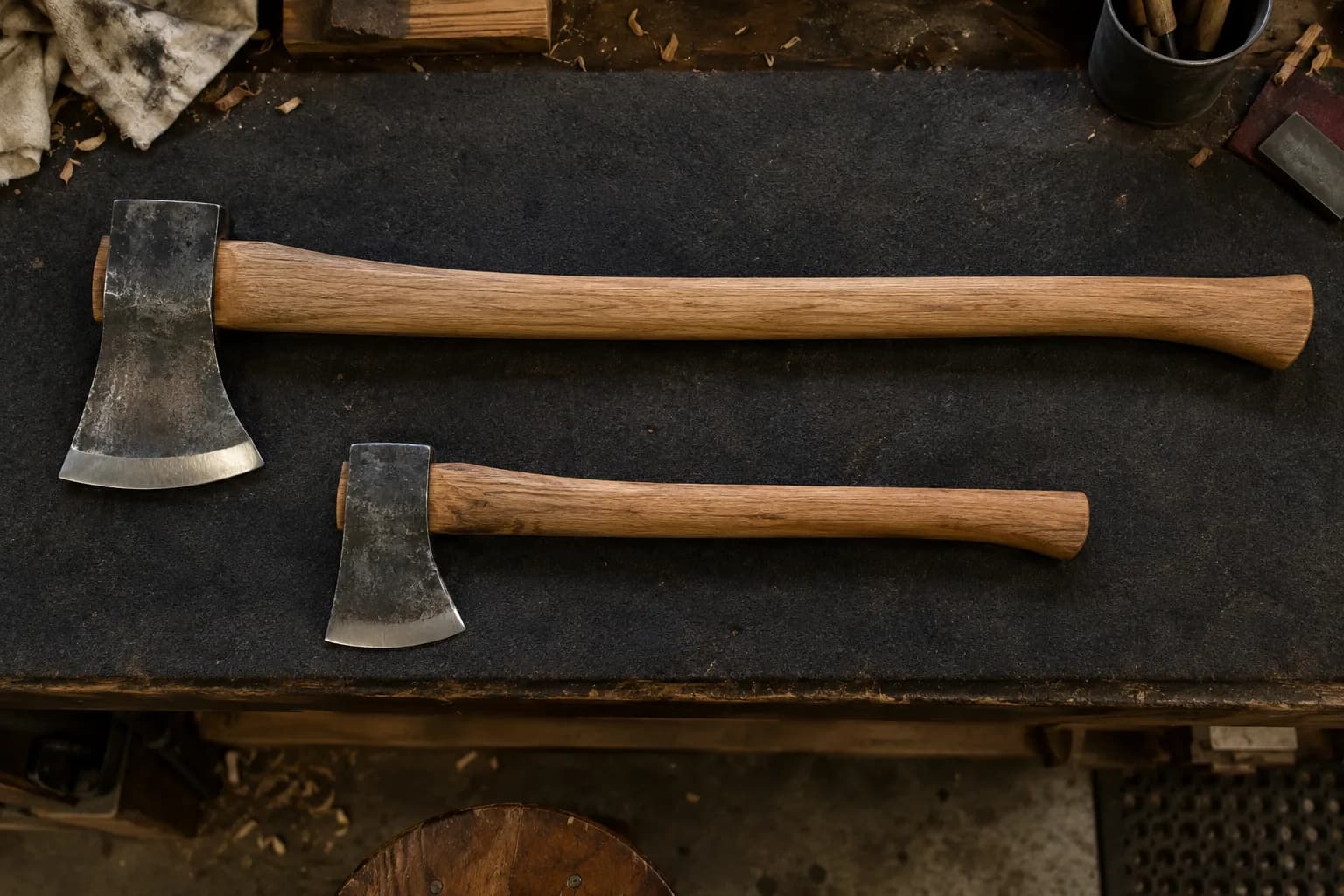 Short-hafted hatchet and a longer big axe with a larger head lying parallel on a dark charcoal bench pad, seen from above.