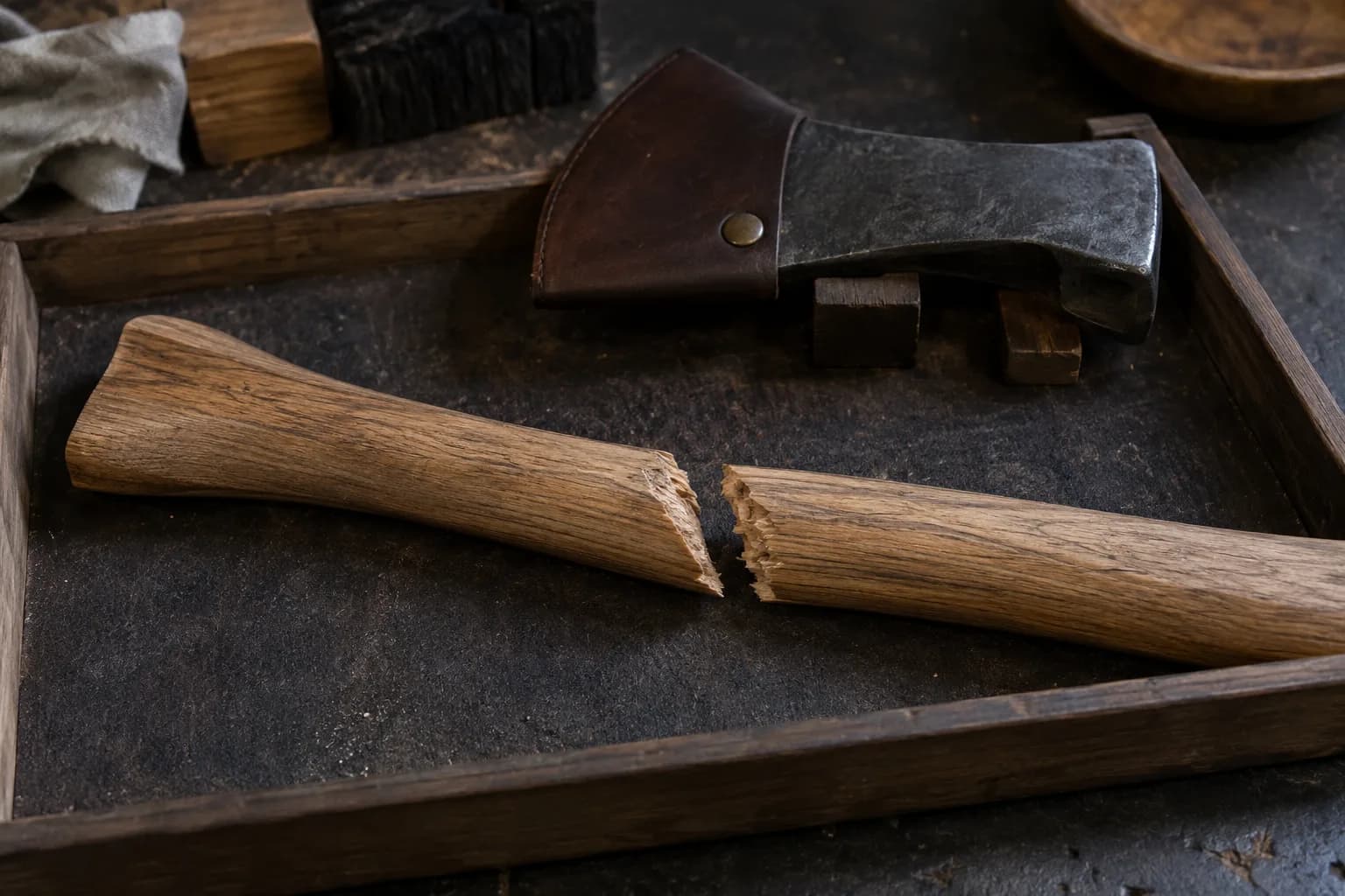 Tomahawk haft snapped in two with an angled fracture, lying in a dark wooden tray beside a leather-guarded axe head.