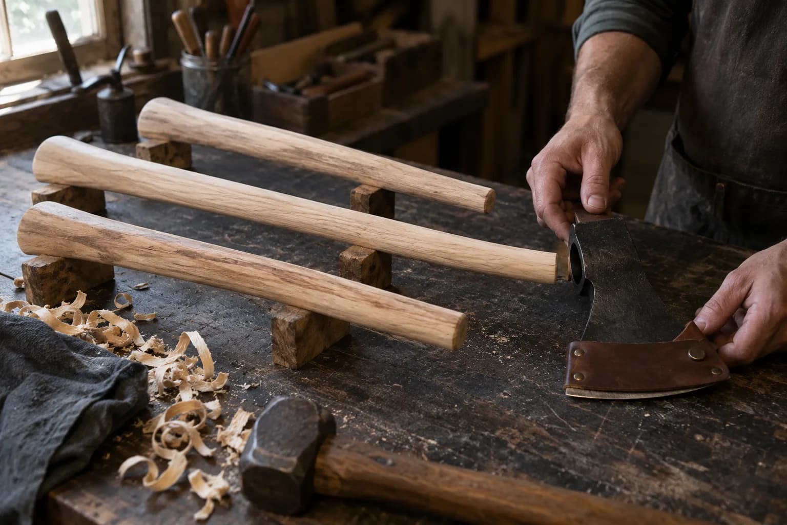 Three tapered hickory hafts on wooden rests as hands hold a leather-guarded tomahawk head to the narrow end of one.