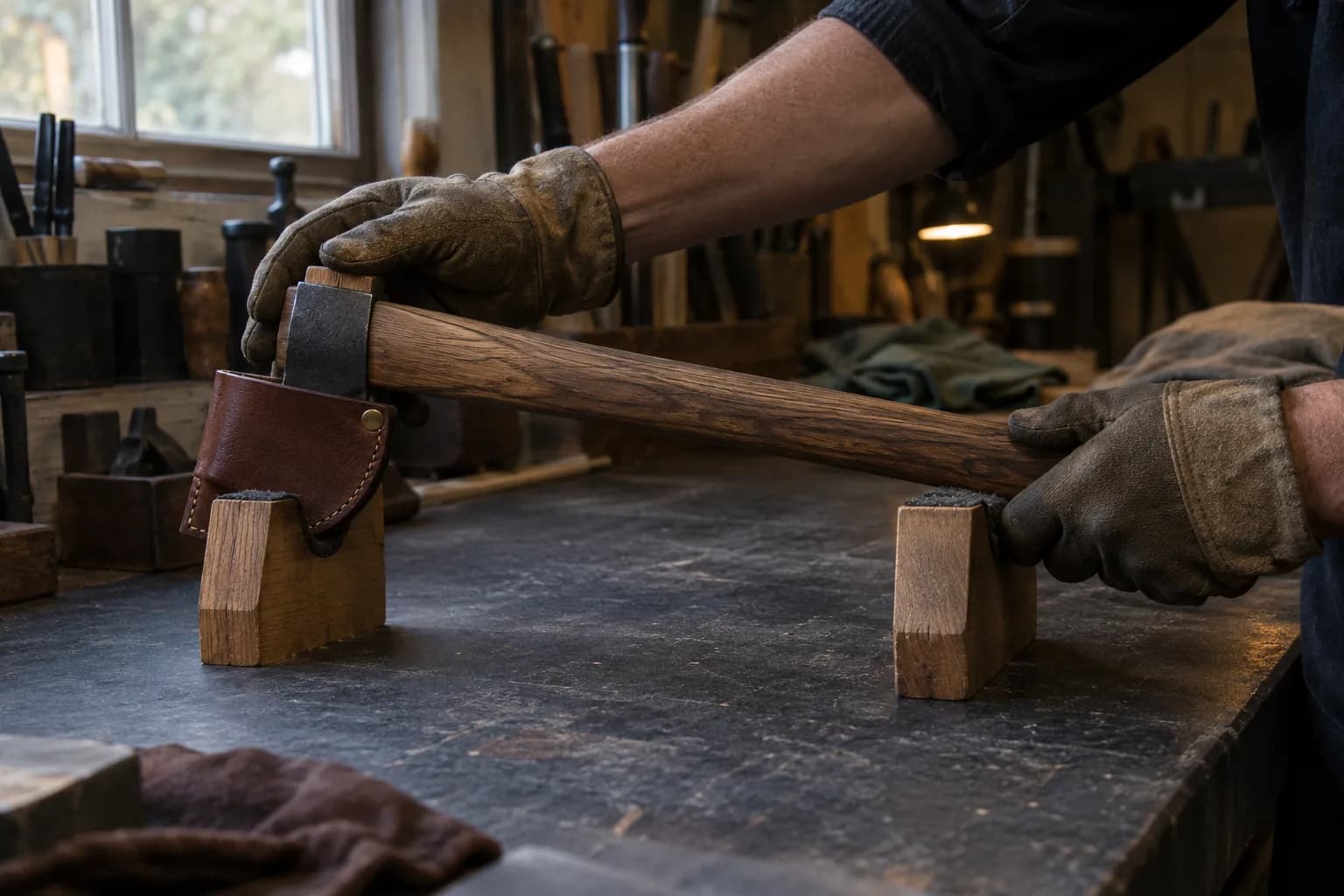 Gloved hands steady a leather-guarded tomahawk head on a wooden haft, both resting in two wooden bench cradles.