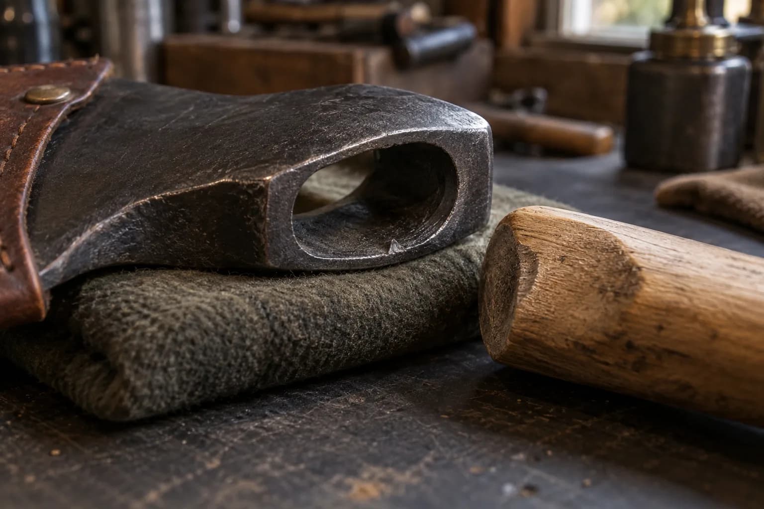 Macro of a tomahawk head's eye with a small sharp burr on the lower inner lip, beside a cut oak haft end.