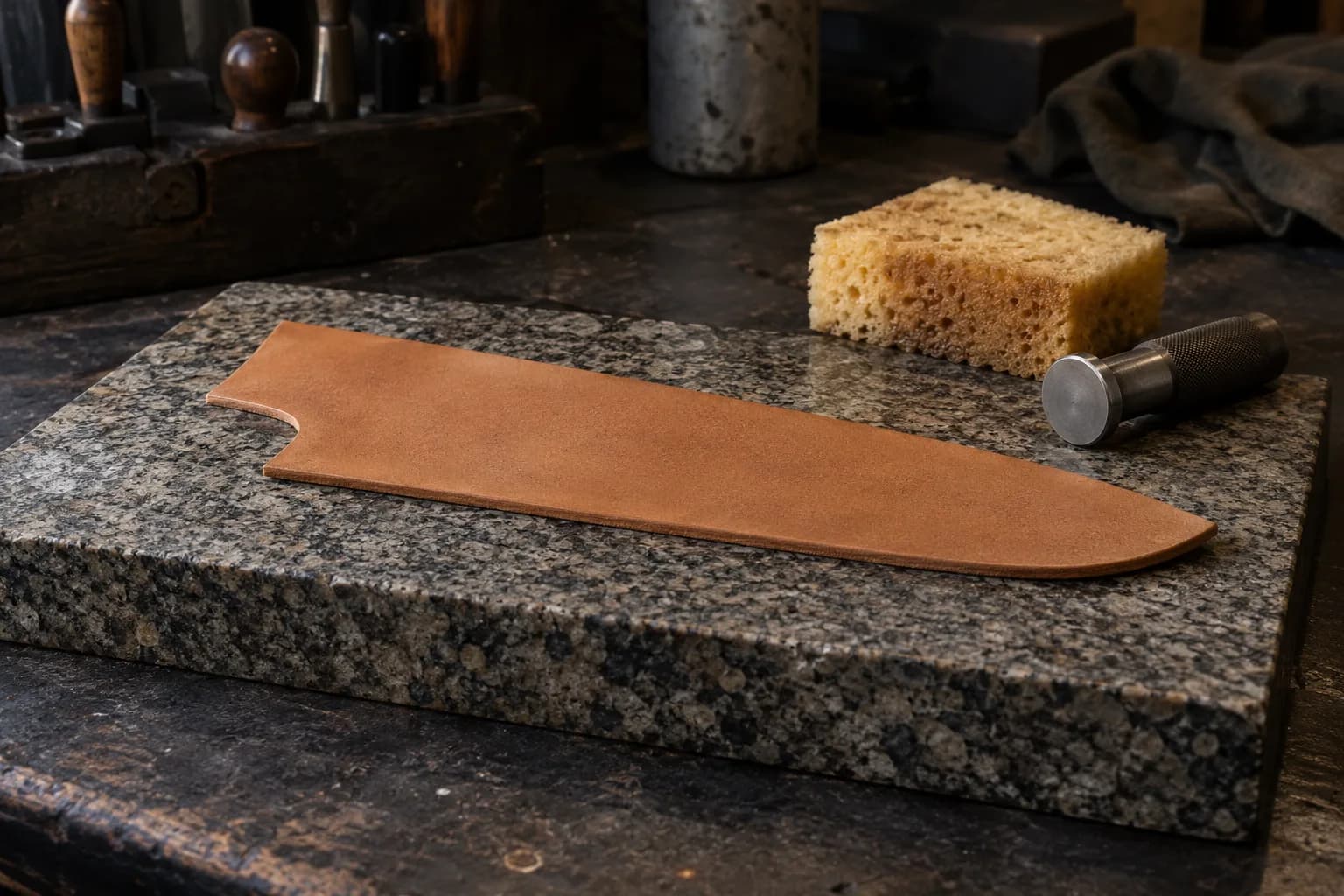 Plain untooled tan leather sheath panel lying flat on a granite slab beside a sponge and a round-faced stamp.