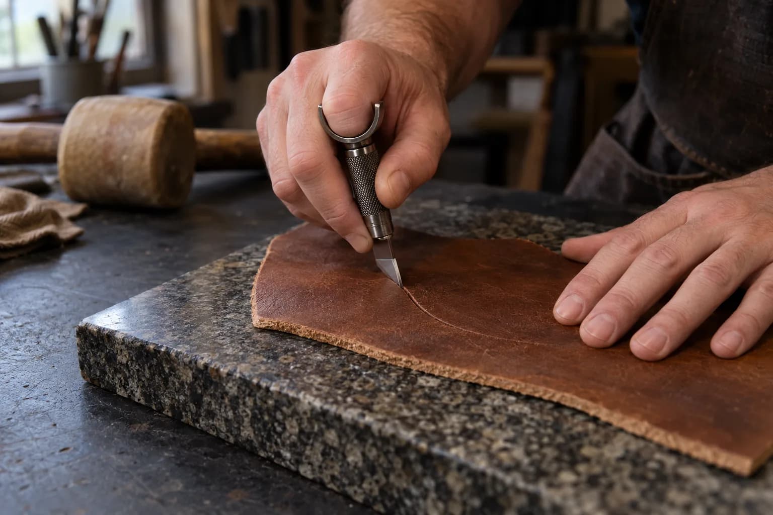 Hand guiding a swivel knife with its finger saddle along a shallow curved cut in brown leather on granite, mallet behind.