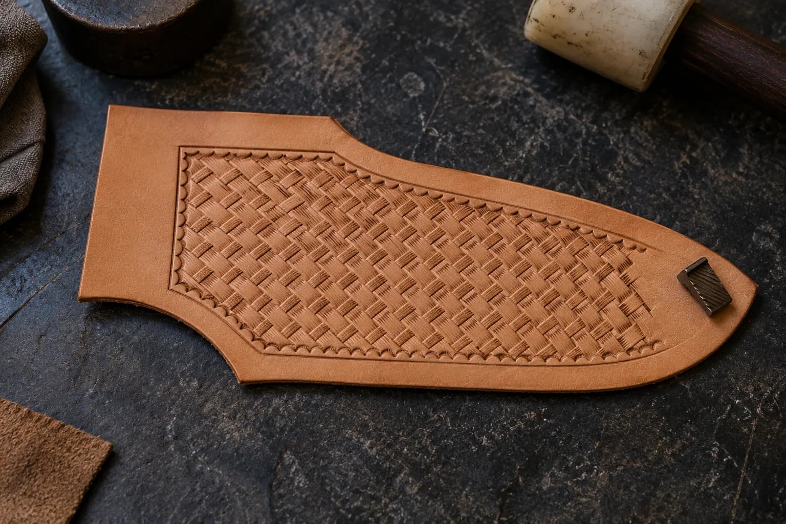 Flat tan leather sheath panel with a diagonal basketweave field inside a scalloped border, one stamp resting on its tip.