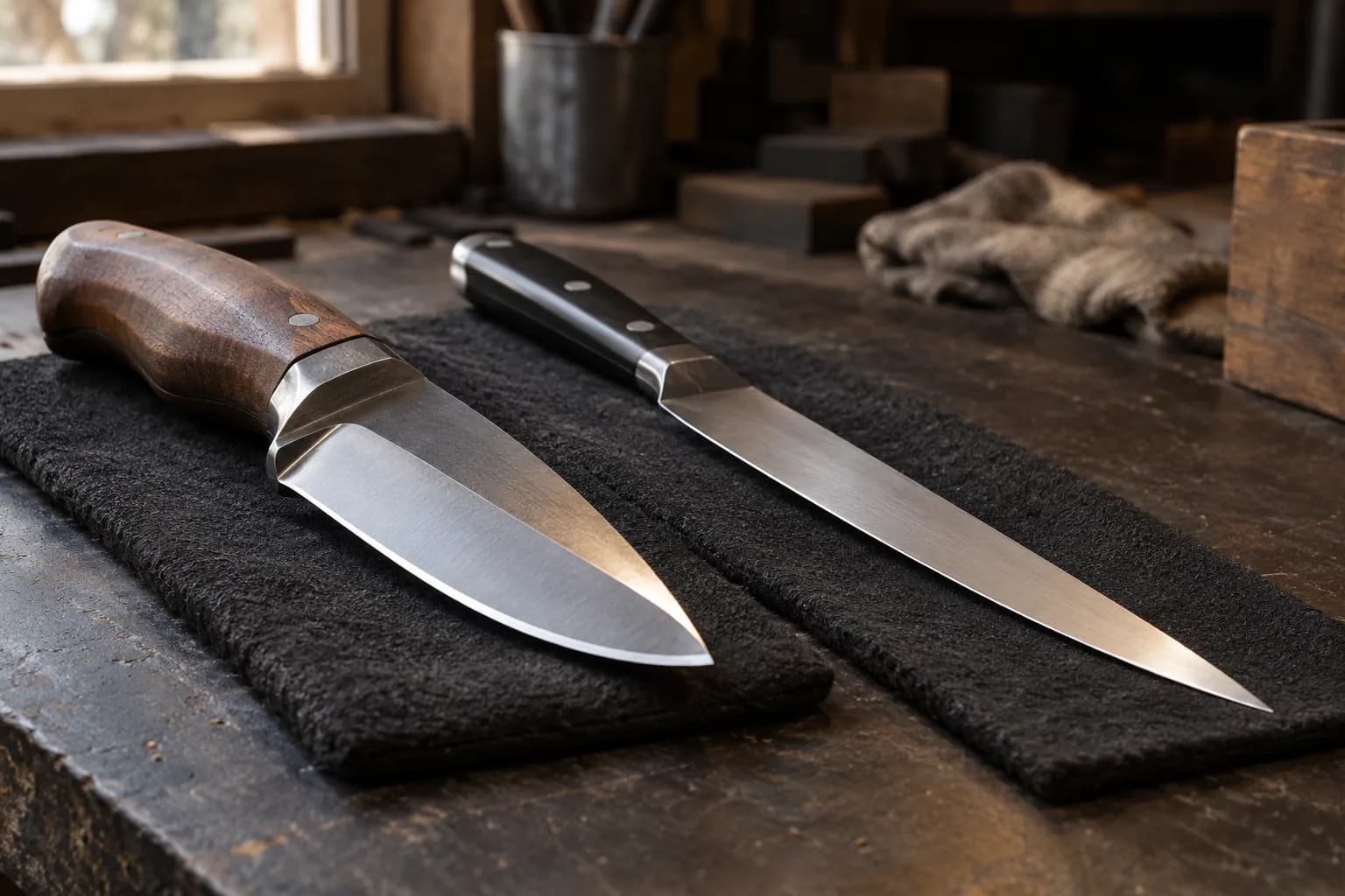 Stout wood-handled field knife beside a thin black-handled slicer, each flat on its own dark felt pad on a worn bench.