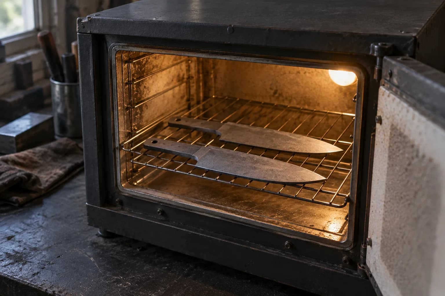 Two gray unsharpened knife blanks lying flat on a wire rack inside an open tempering oven lit by a warm lamp.