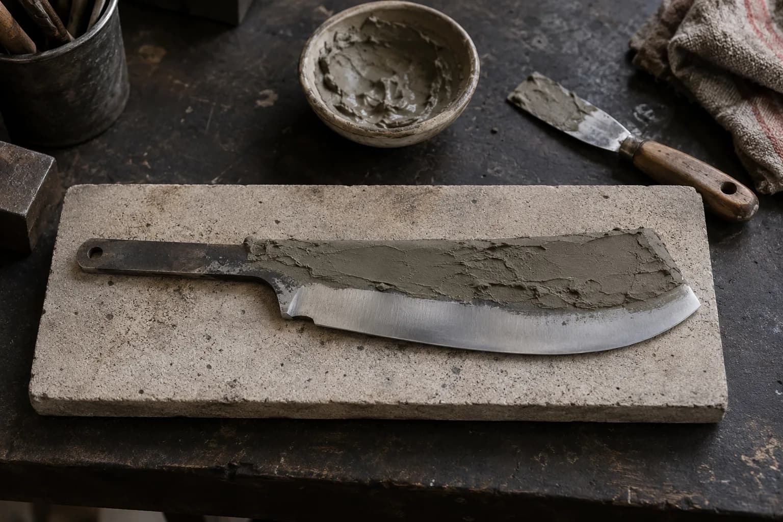 Overhead view of a curved chopper blank on a refractory board with clay on the spine and a bare bright edge band.