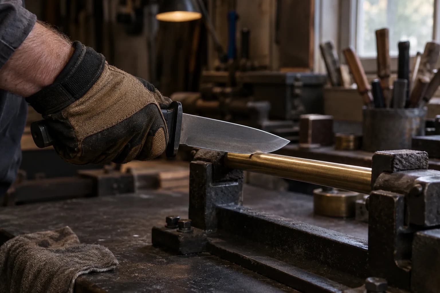 Gloved hand holds a plain field knife with its edge resting on a brass rod clamped in two iron bench blocks.