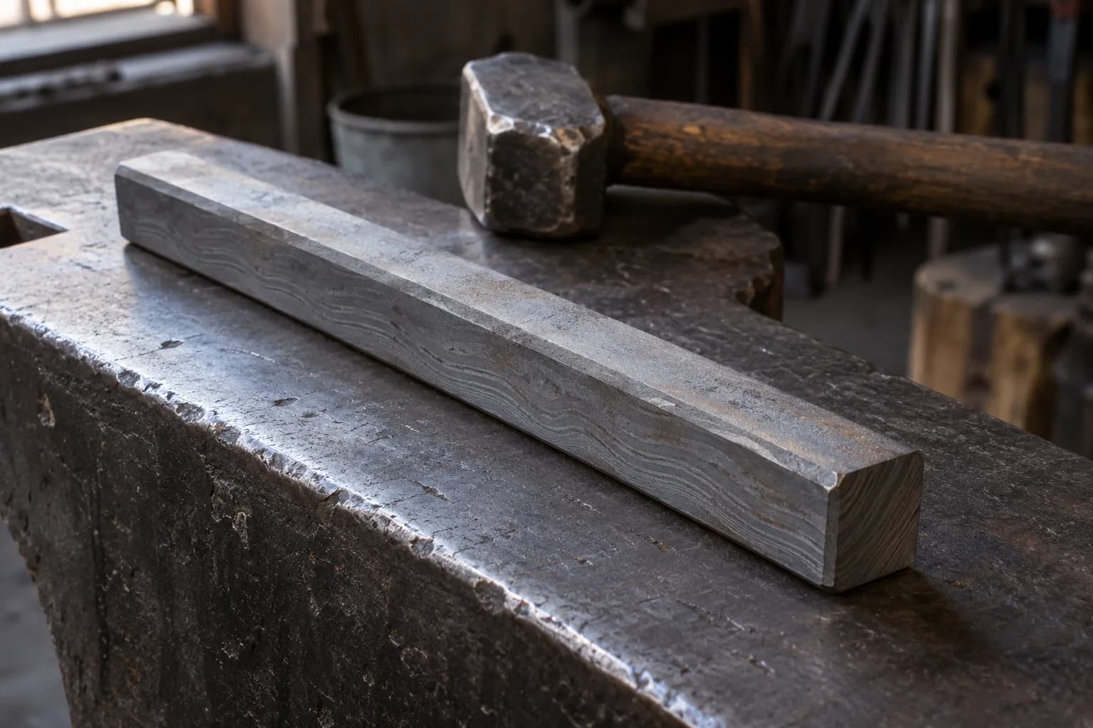 Cold square pattern-welded bar with bevelled corners lying on an anvil face, a hammer resting behind it.