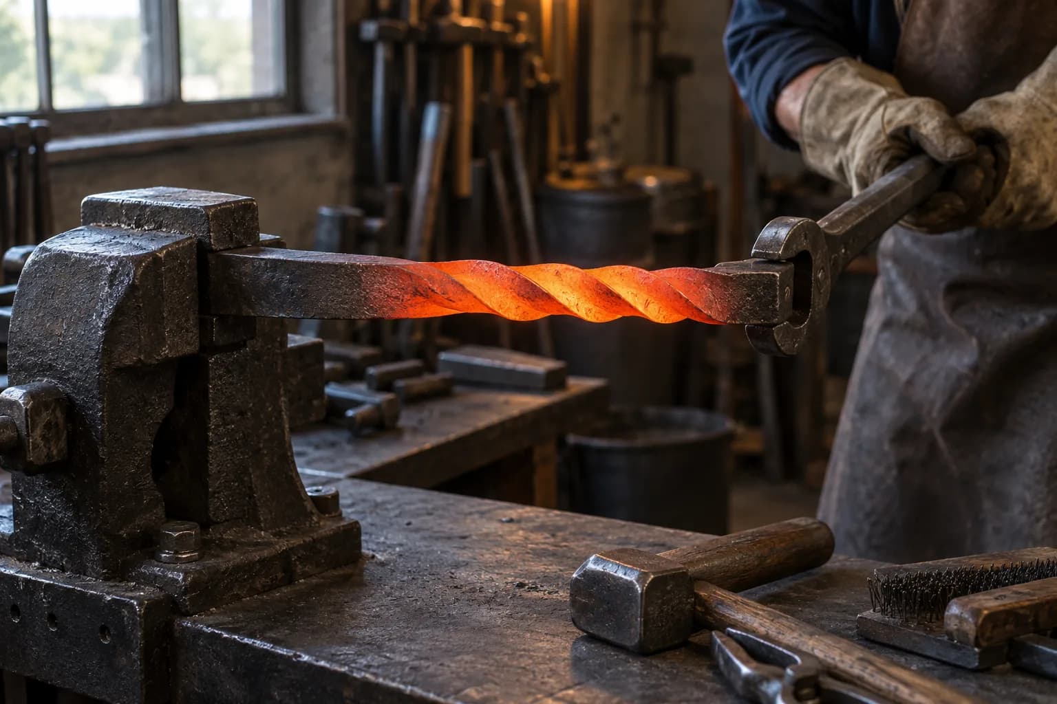 Orange-hot bar clamped in a bench vise while a gloved hand turns a wrench on its free end, twisting the glowing section.