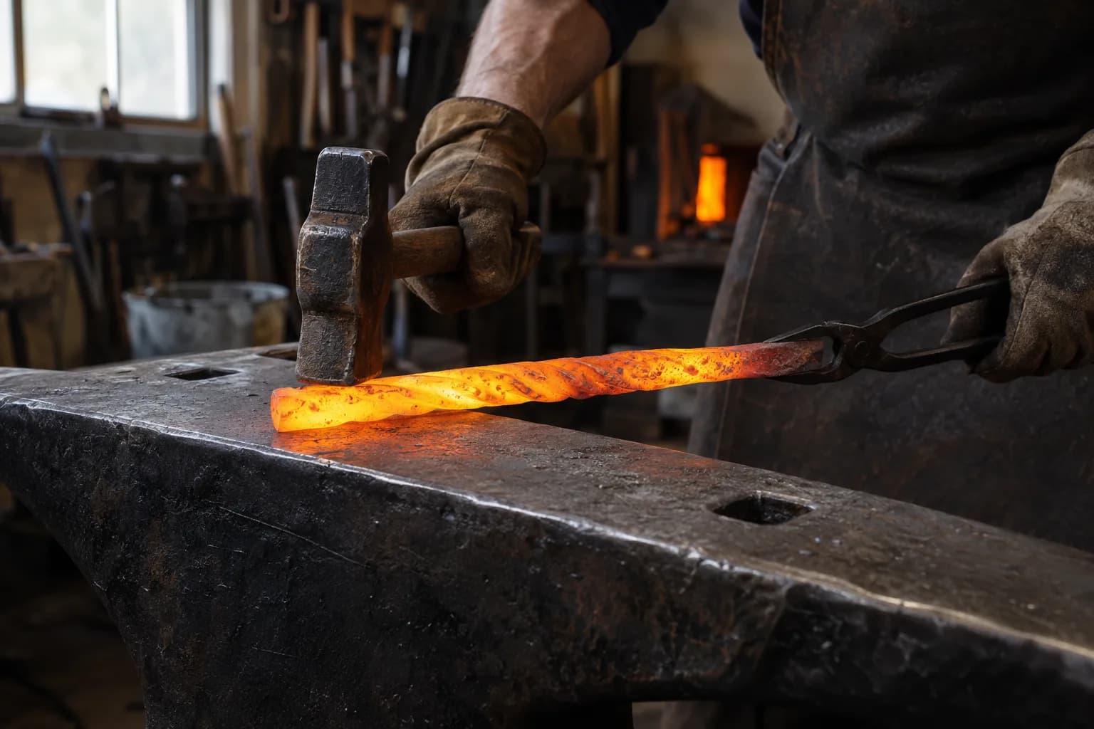 Hammer face meeting a glowing yellow-orange twisted bar on an anvil while tongs hold the cooler end.