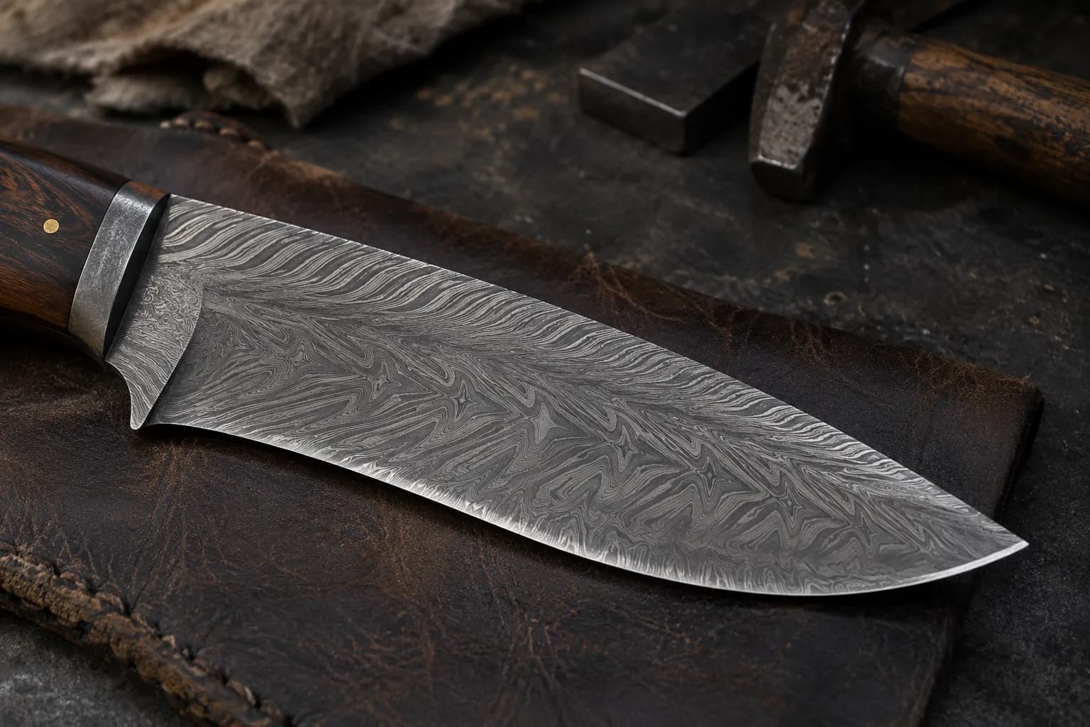 Etched twist-pattern knife blade on dark leather, rope-like bands near the spine opening into chevrons and star shapes.