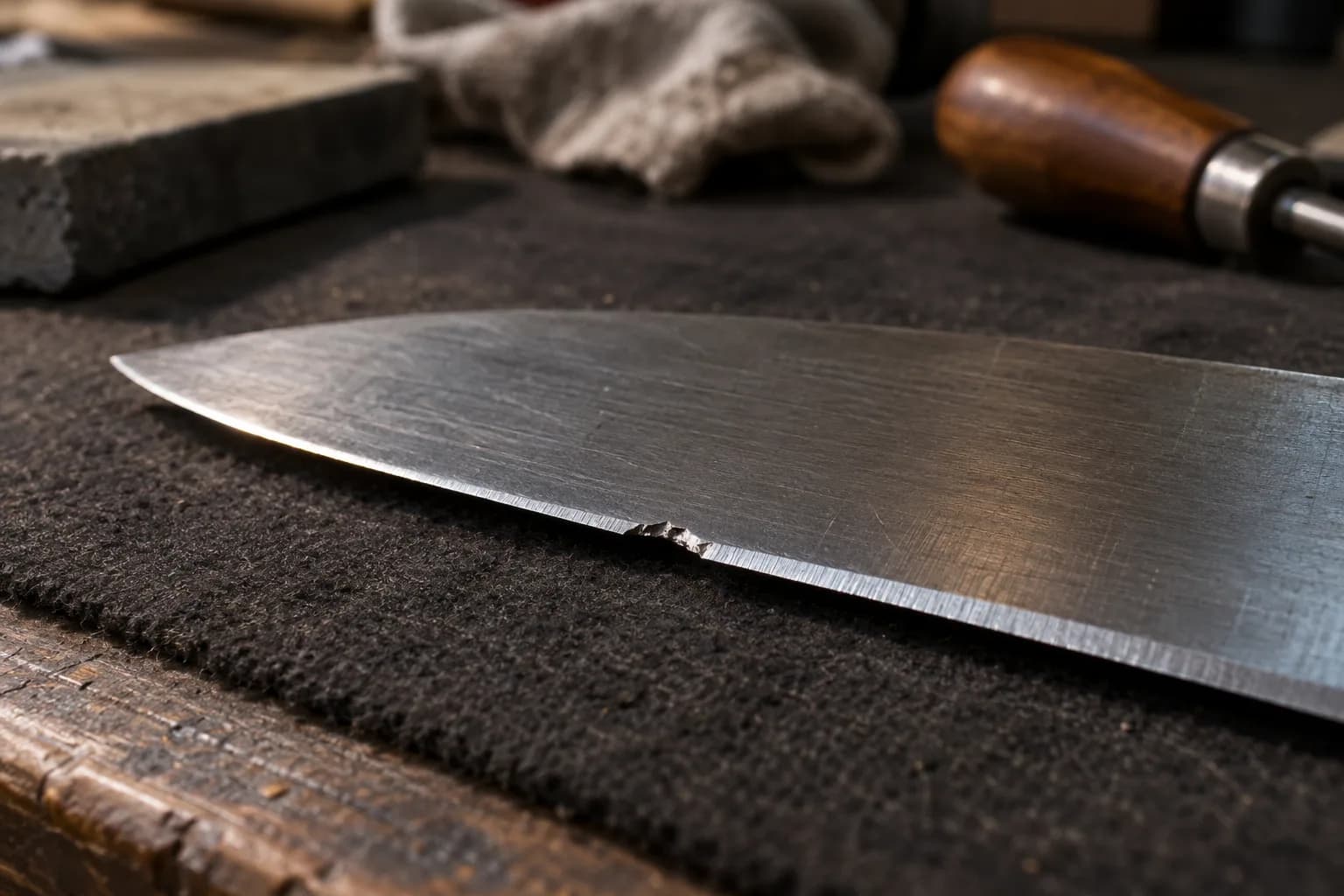 Small jagged chip in the edge of a steel kitchen knife blade lying on a dark felt pad, lit at a grazing angle.