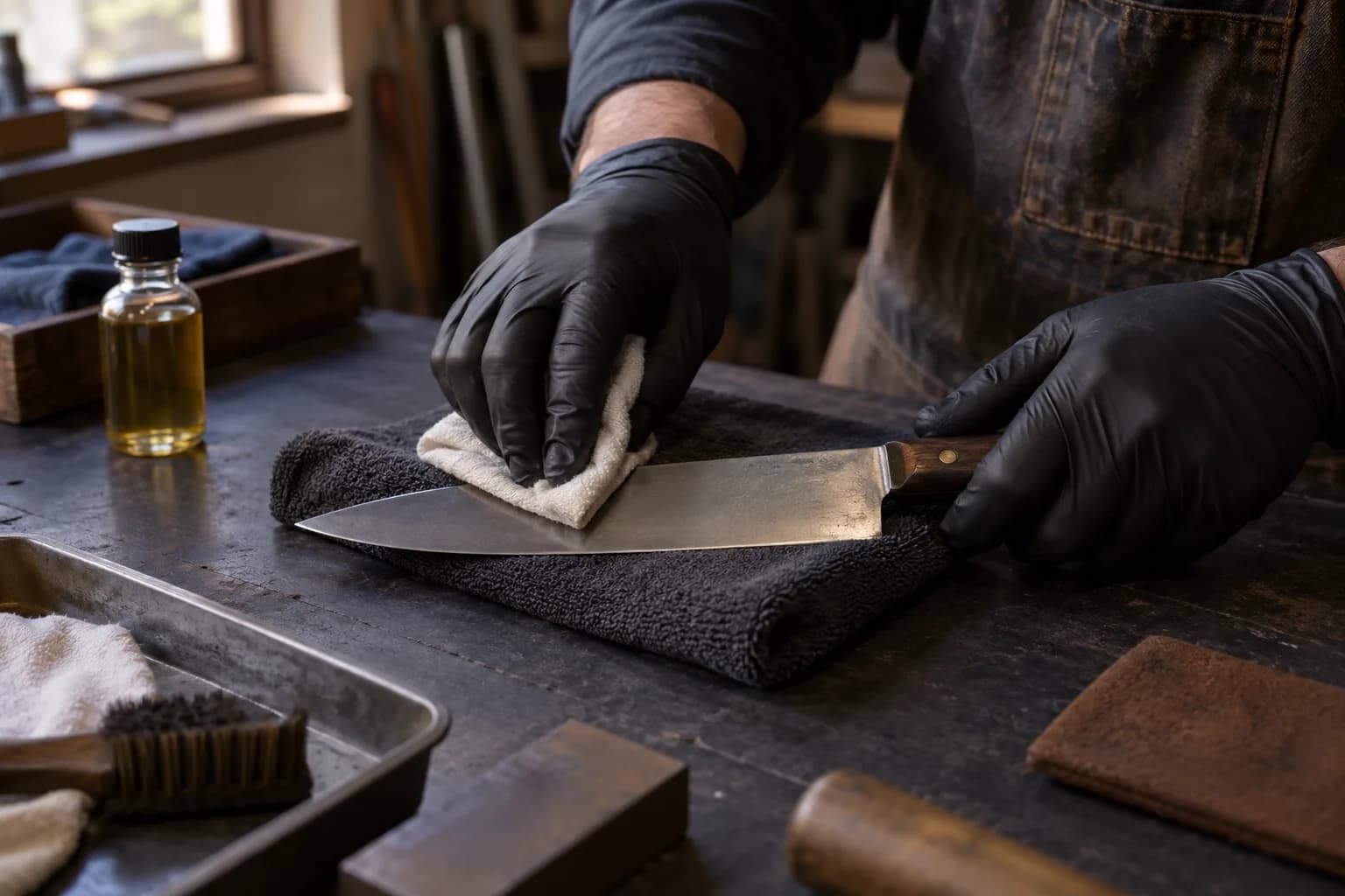 Black-gloved hands wipe a gray carbon-steel knife blade with a cloth on a folded towel beside a small closed oil bottle.