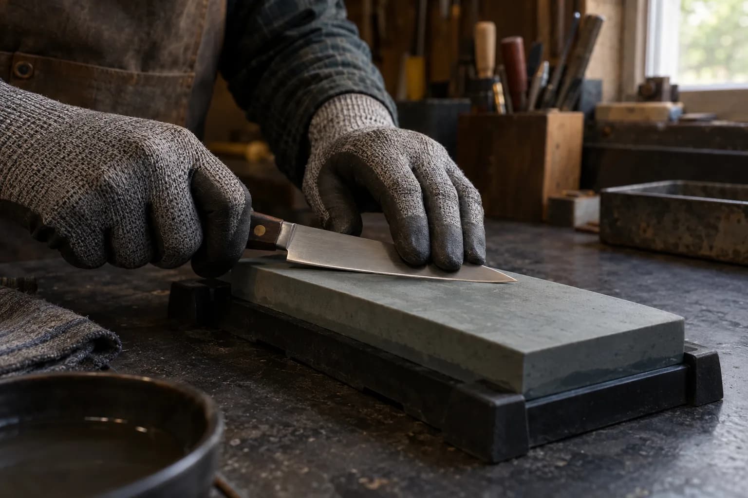 Cut-resistant gloved hands hold a small knife flat on a gray bench stone in a nonslip holder, with a water bowl nearby.