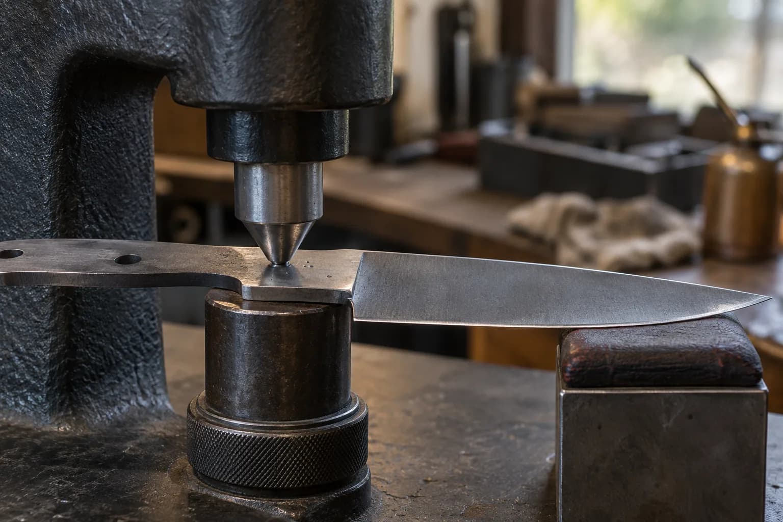 Rockwell tester indenter over a knife ricasso resting on the anvil, blade supported level on a padded block.