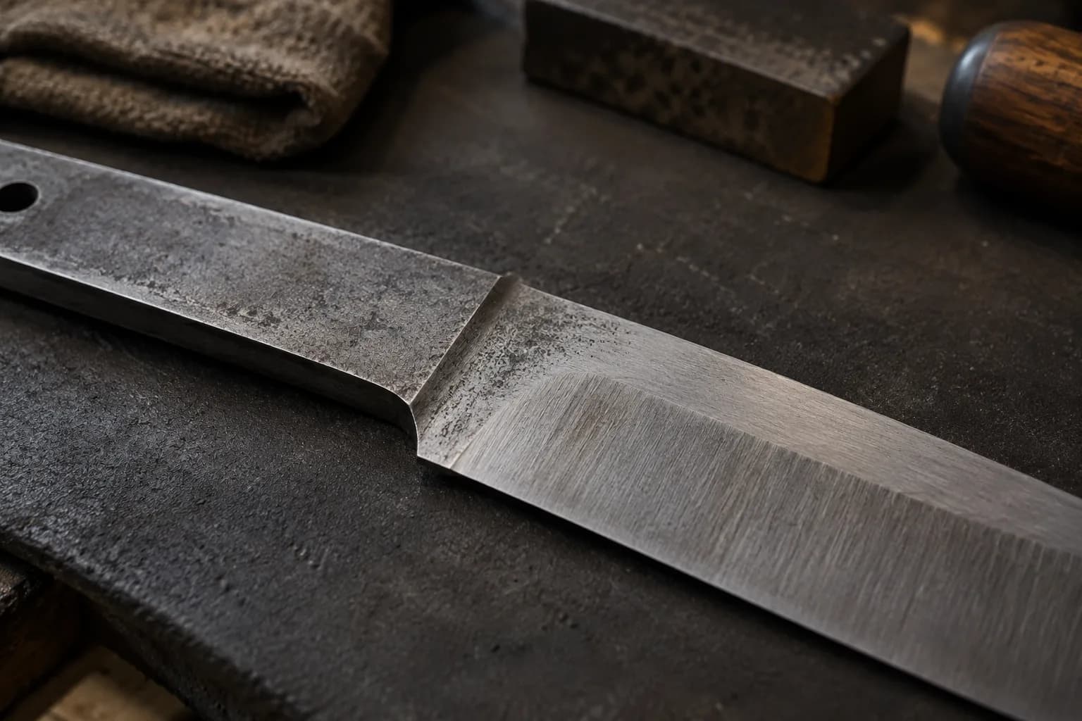 Cold knife blank lying flat on a dark pad, its rough thick ricasso stepping down to a ground bevel with fine scratch lines.