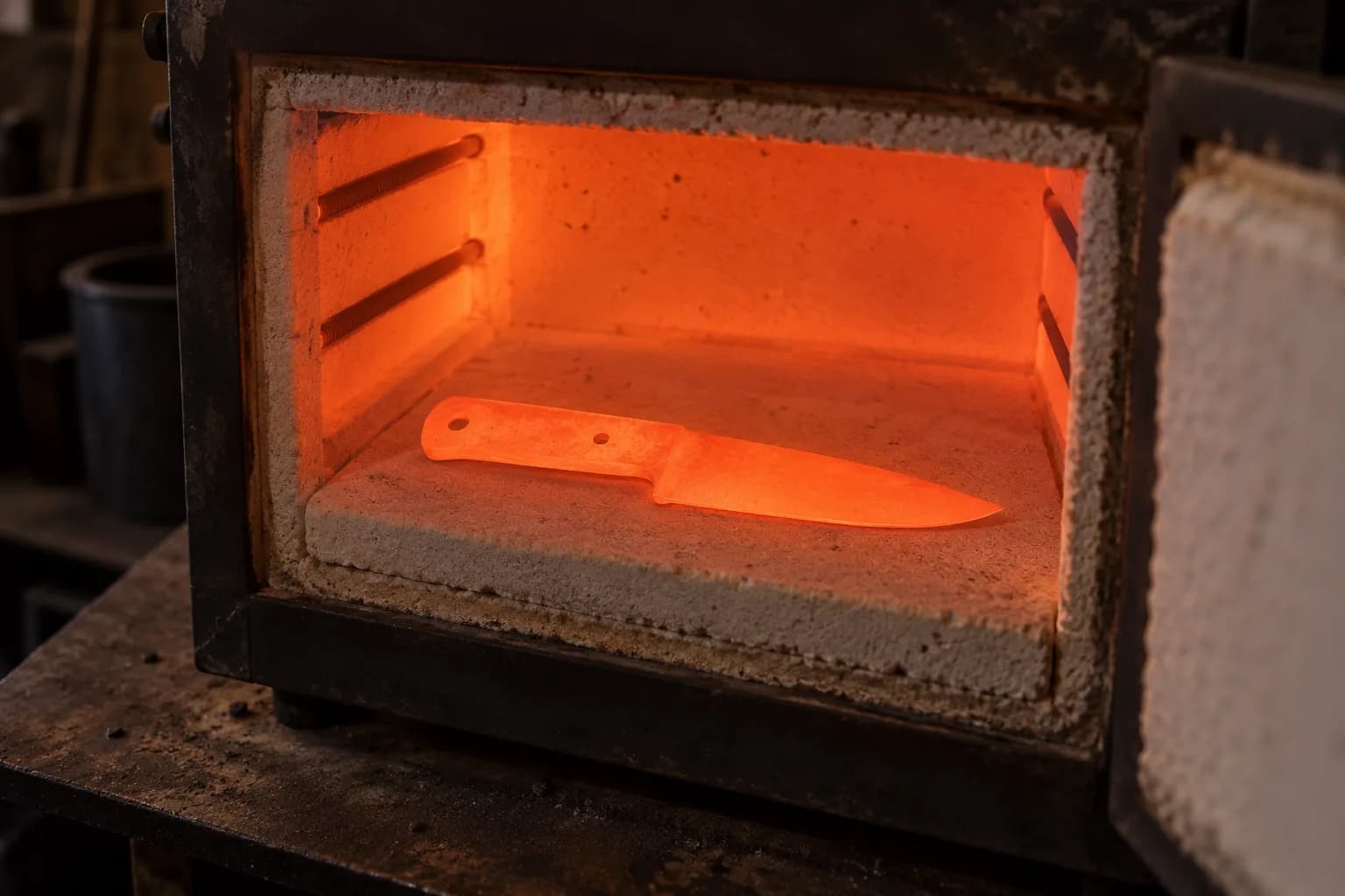 Knife blank lying flat on a ceramic floor plate inside an open heat-treat kiln, glowing evenly orange-red.