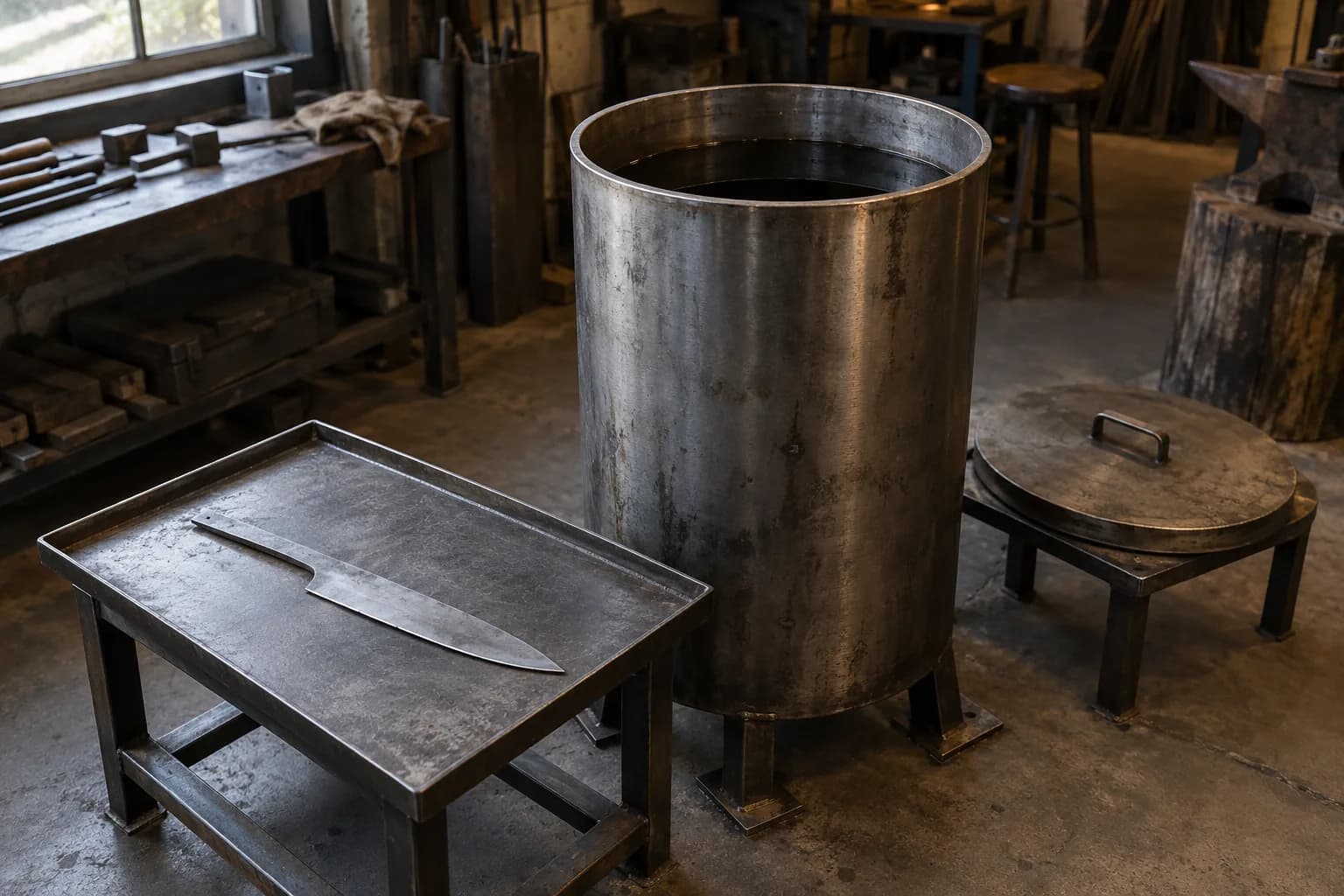Gray knife blank on a steel tray beside a tall steel quench tank with dark oil, its lid on a separate stand