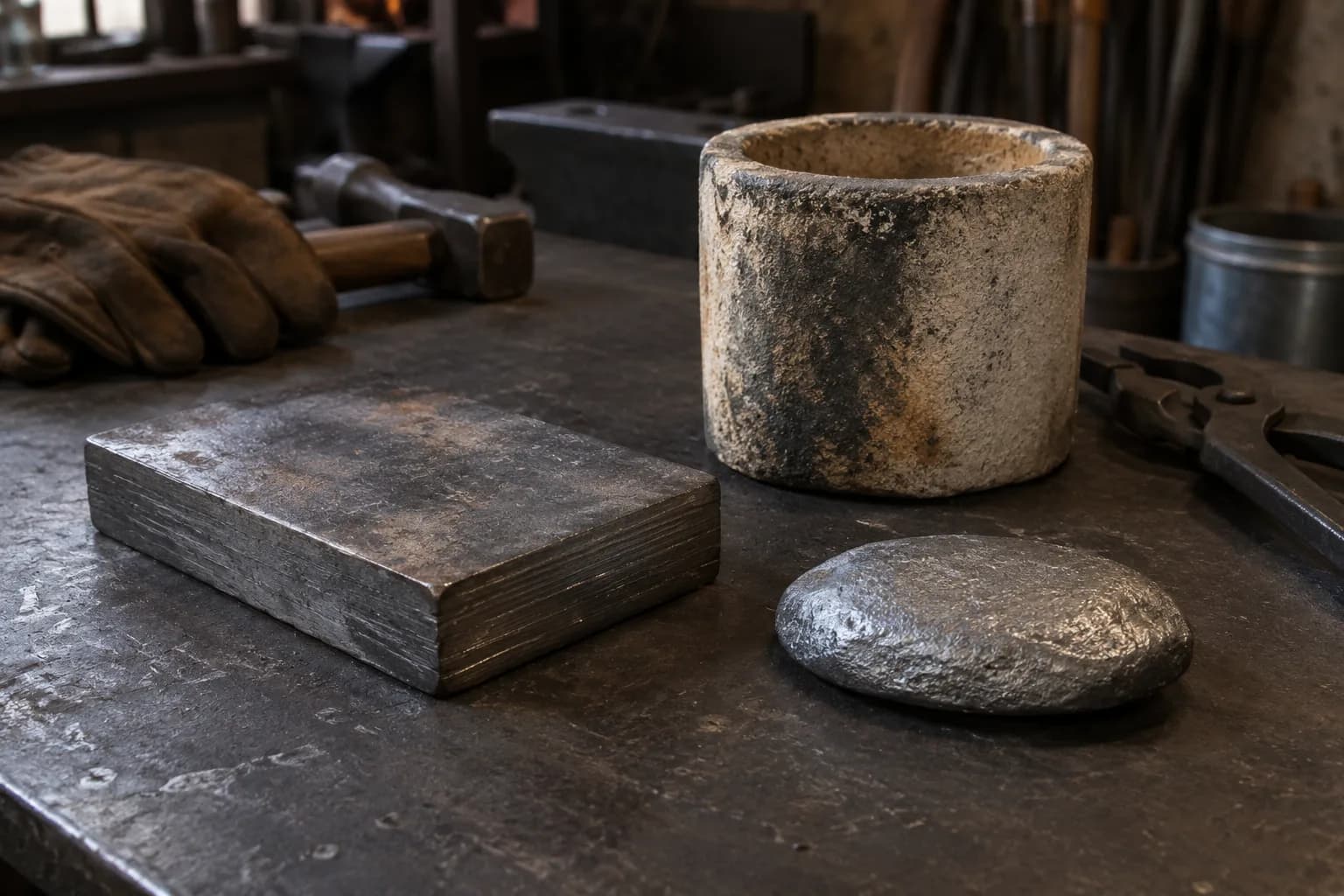 Layered steel billet, cast lenticular ingot and empty ceramic crucible on a dark bench with hammer, gloves and tongs behind