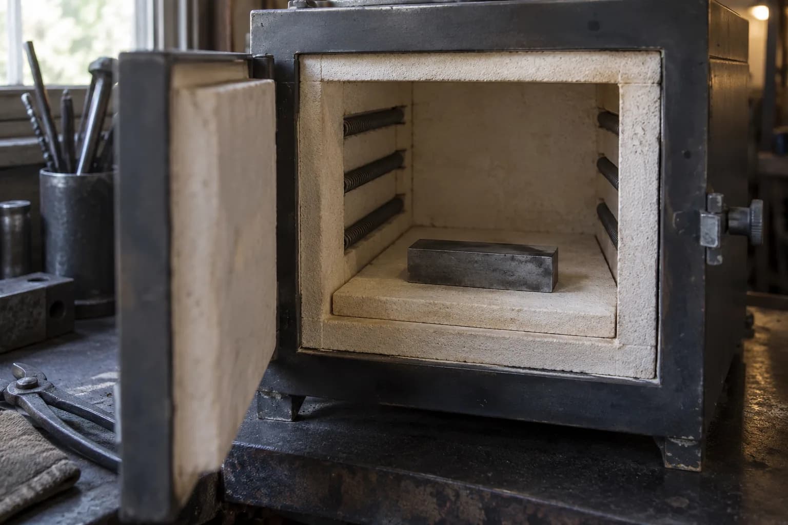 Plain steel billet resting flat on the ceramic hearth of an open electric heat-treat kiln with recessed elements